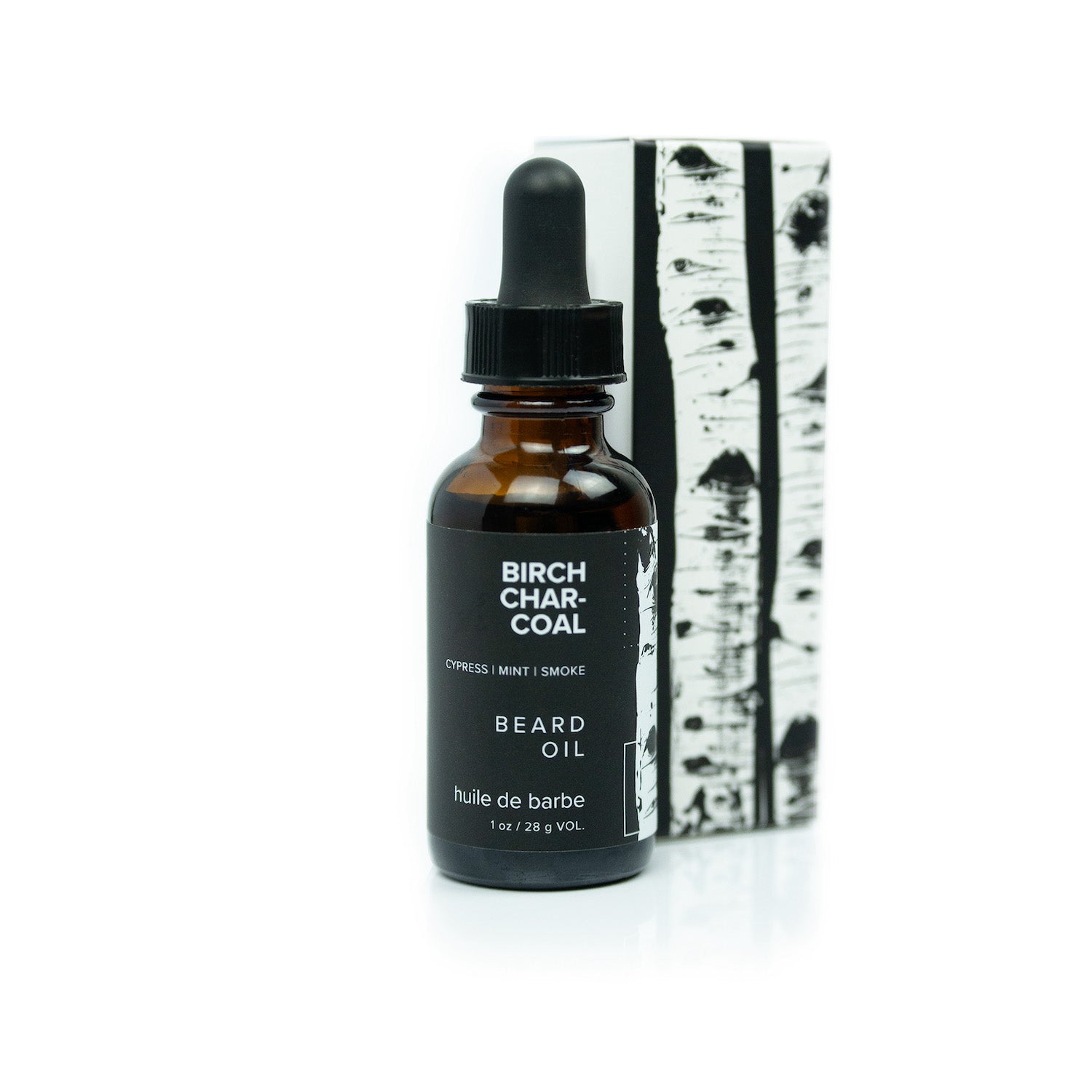 Birch Charcoal beard oil and box on white background