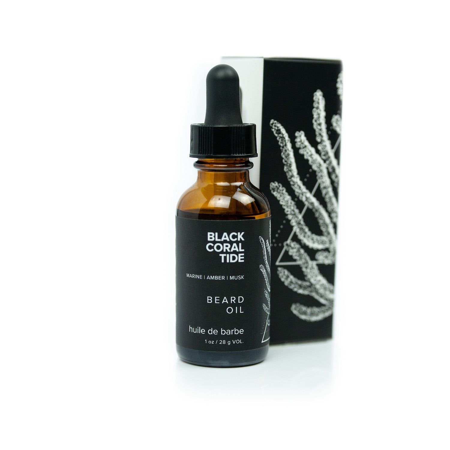 Black Coral Tide beard oil and box on white background