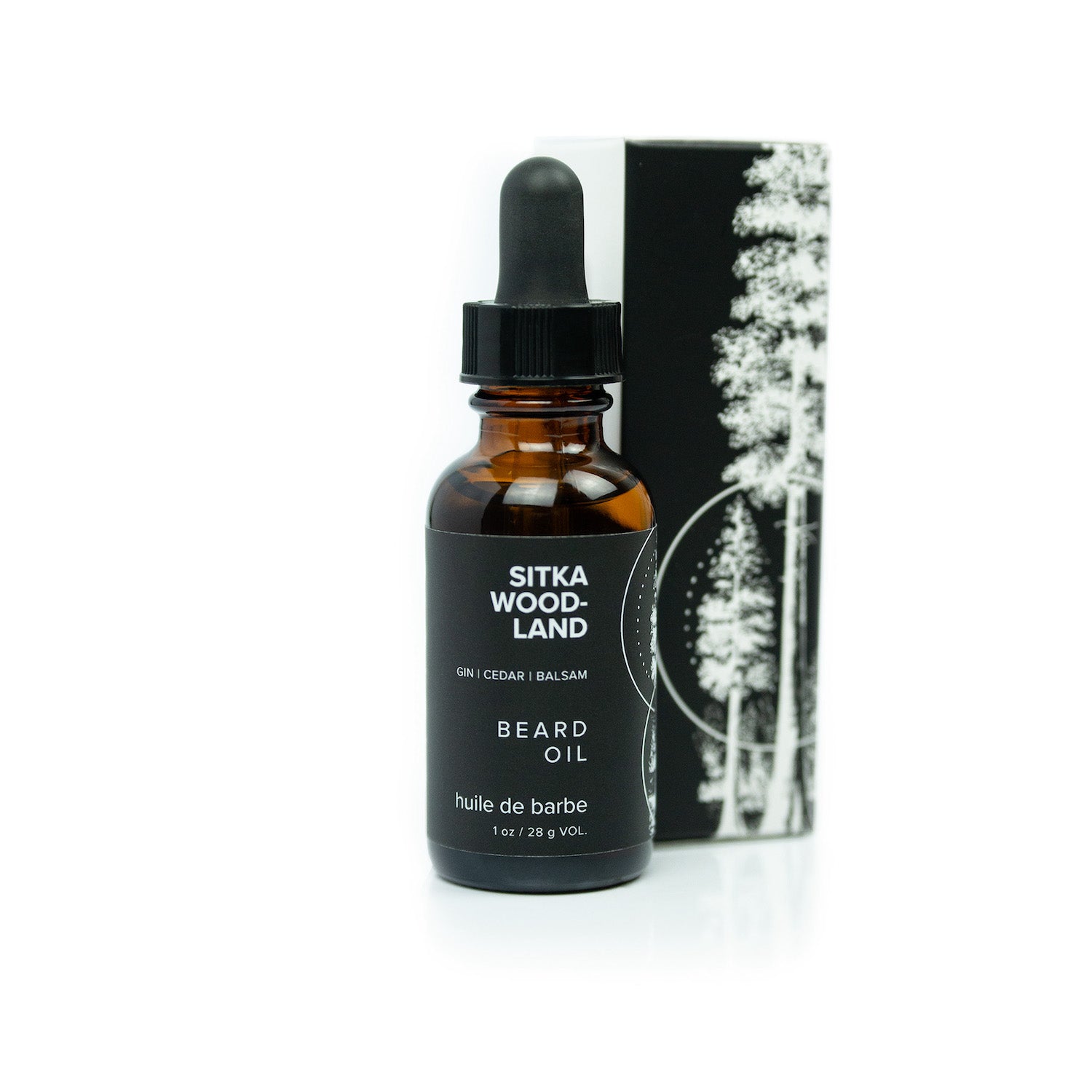 Sitka Woodland beard oil and box on white background