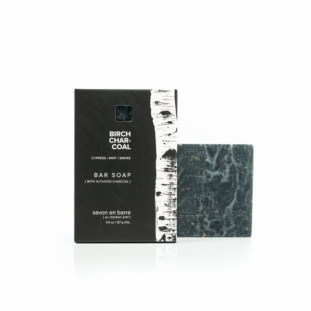 Birch Charcoal bar soap on white background