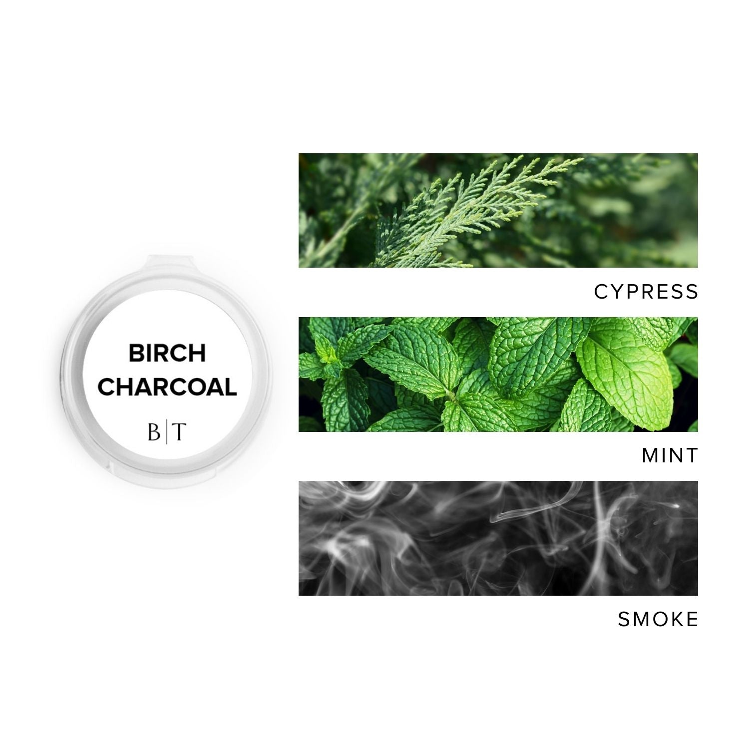 Birch Charcoal Scent Sample next to scent note images of cypress, mint, and smoke.