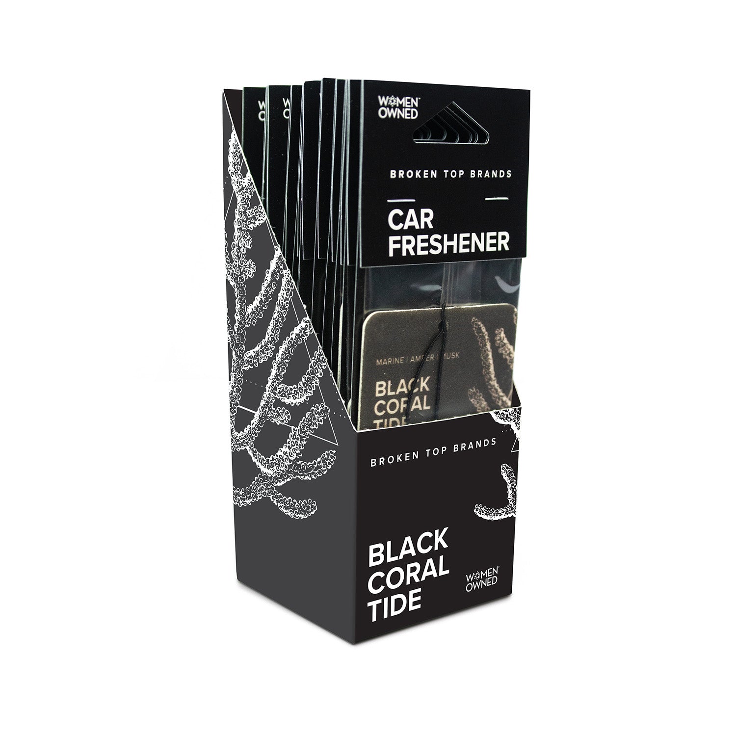 Black Coral Tide car freshener pack on white background.