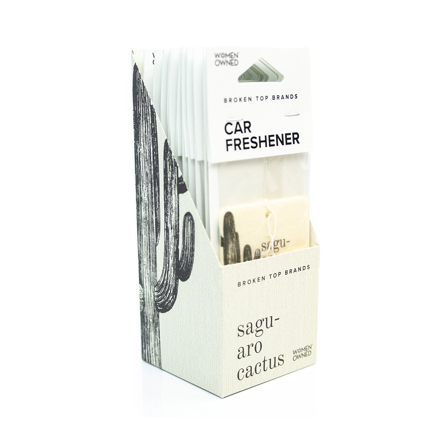 Saguaro Cactus car freshener pack on white background.