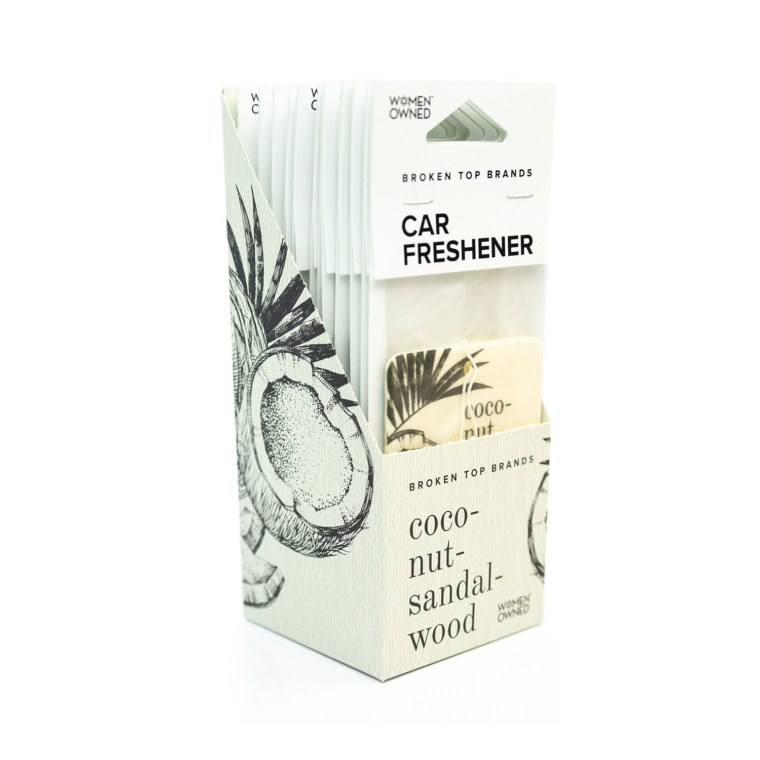 Coconut Sandalwood car freshener pack on white background.