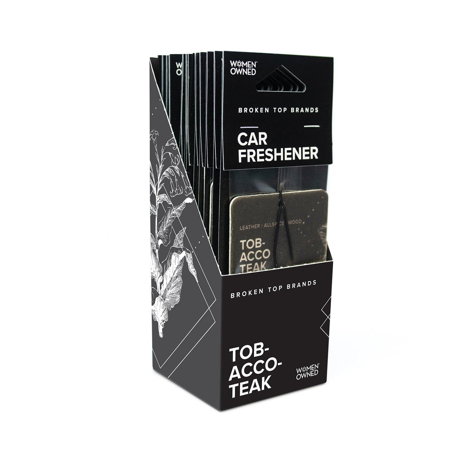 Tobacco Teak car freshener pack on white background.