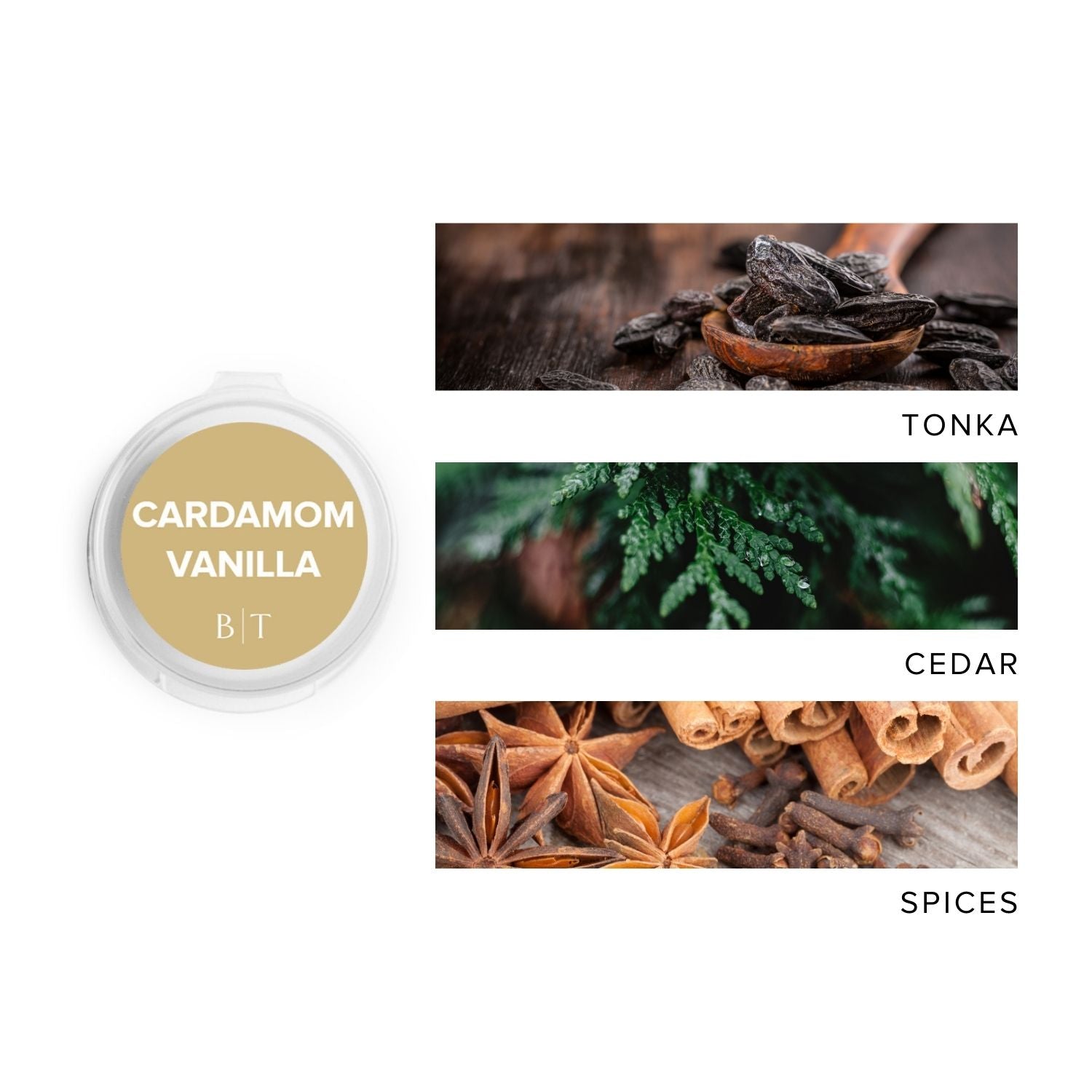Cardamom Vanilla Scent Sample next to scent note images of tonka, cedar, and spices.