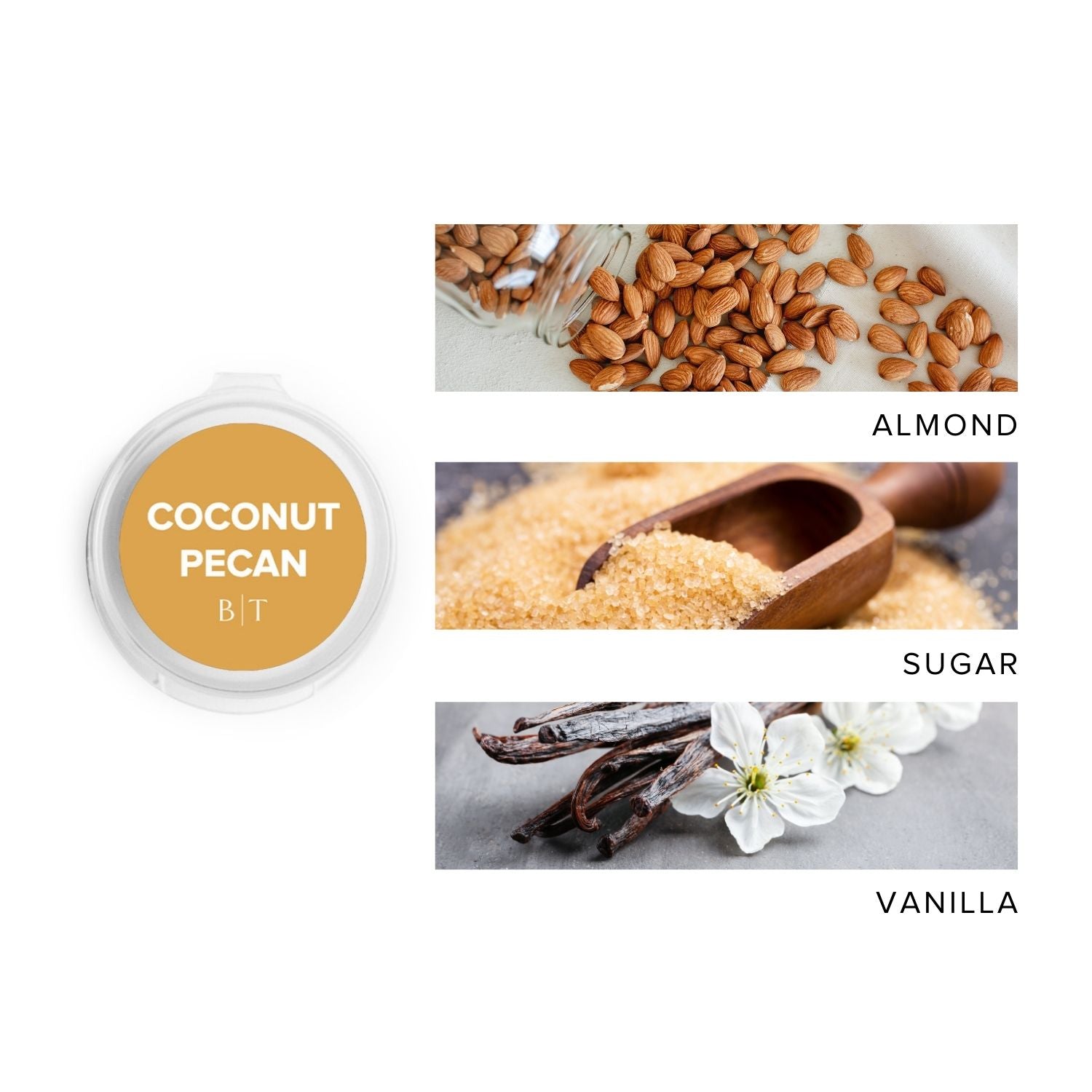 Coconut Pecan Scent Sampler next to scent note images of almond, sugar, and vanilla.