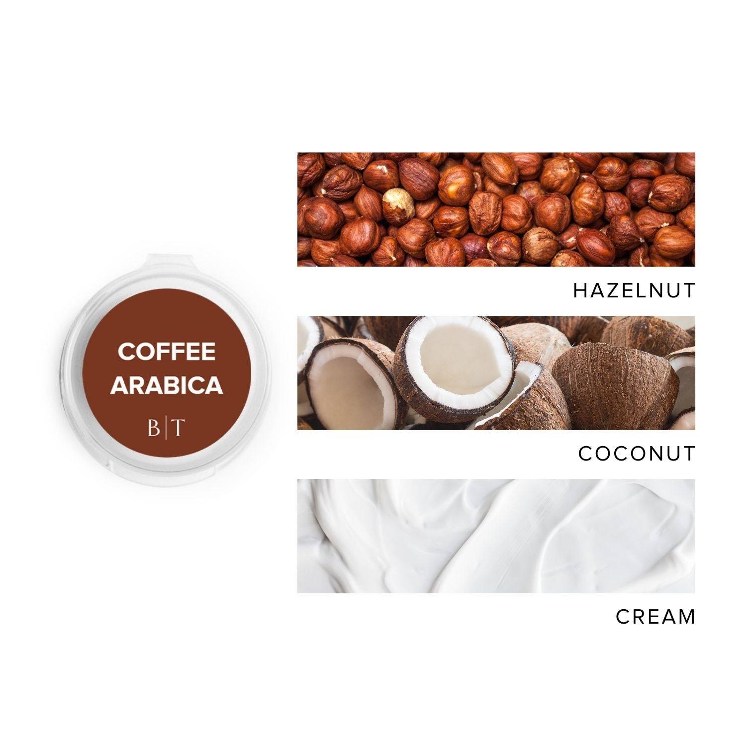 Coffee Arabica Scent Sample next to scent note images of hazelnut, coconut, and cream.