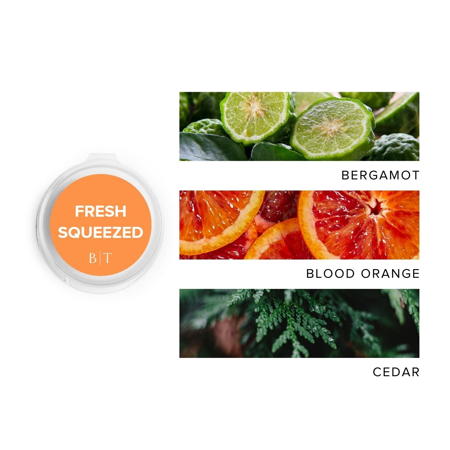 Fresh Squeezed Scent Sample next to scent note images of bergamot, blood orange, and cedar.