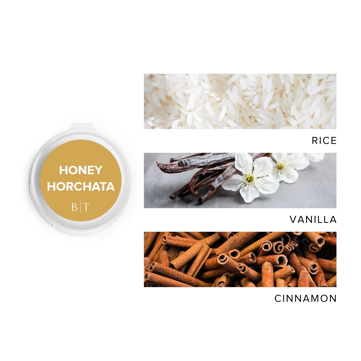 Honey Horchata Scent Sample next to scent note images of rice, vanilla, and cinnamon.