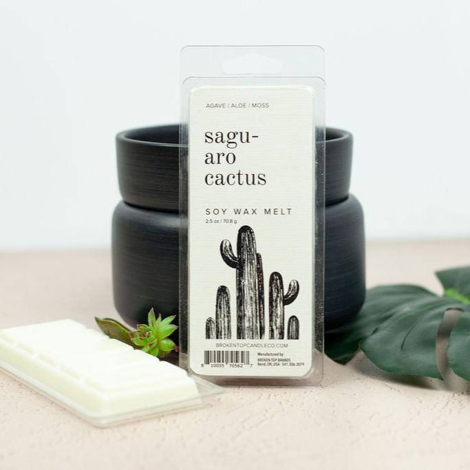 Saguaro Cactus Wax Melts infront of black wax warmer next to leaf.