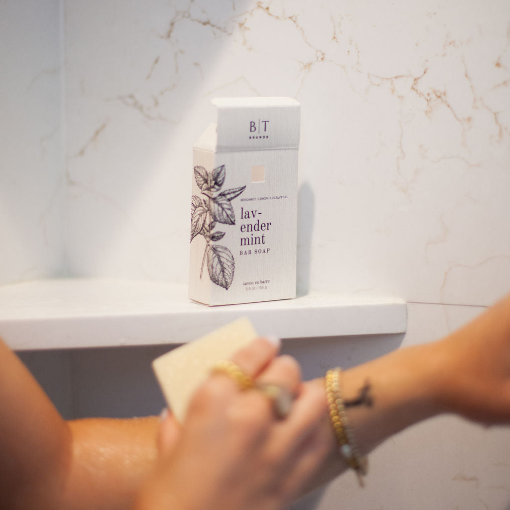 Lavender Mint Bar Soap in shower.