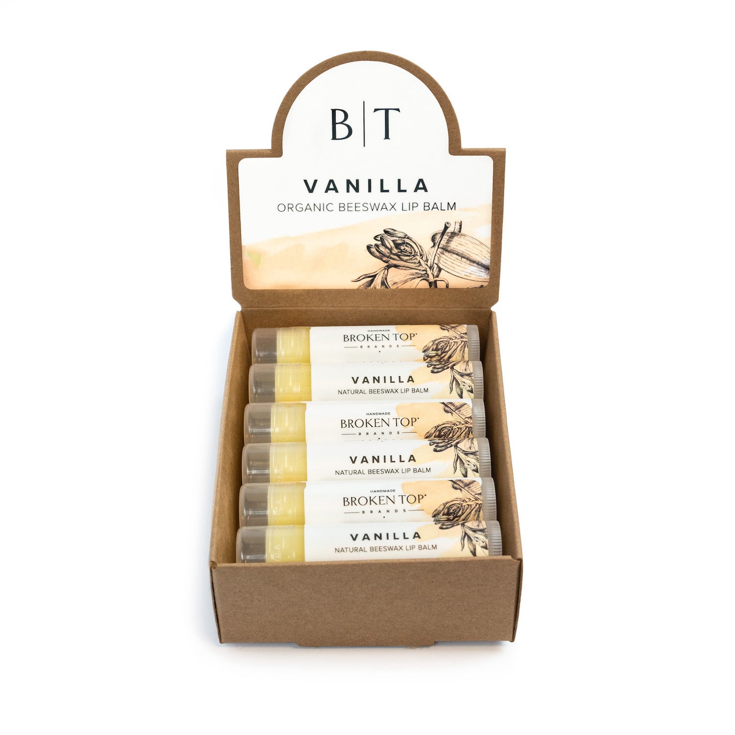 Box of Vanilla organic beeswax lip balm with Broken Top branding on a white background.