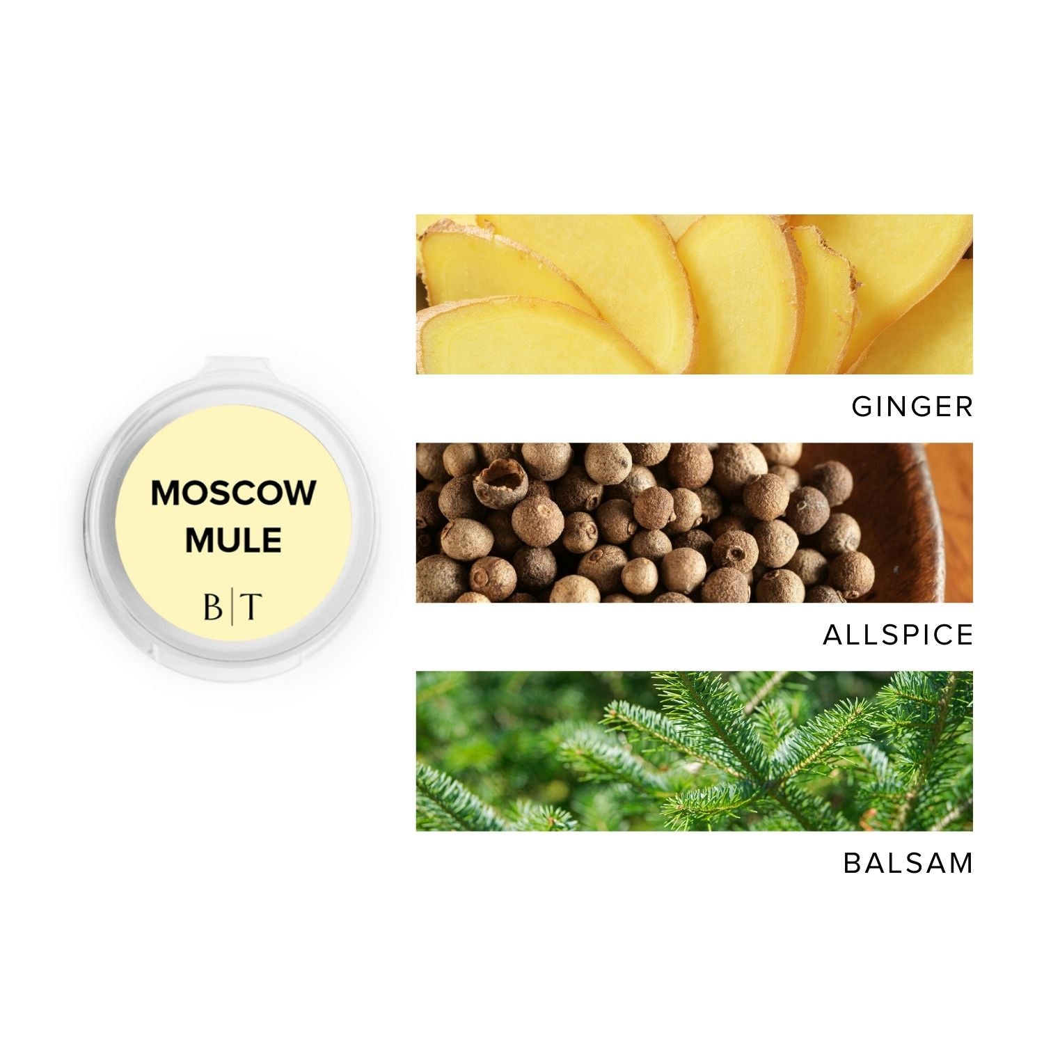 Moscow Mule Scent Sample next to scent note images of ginger, allspice, and balsam.
