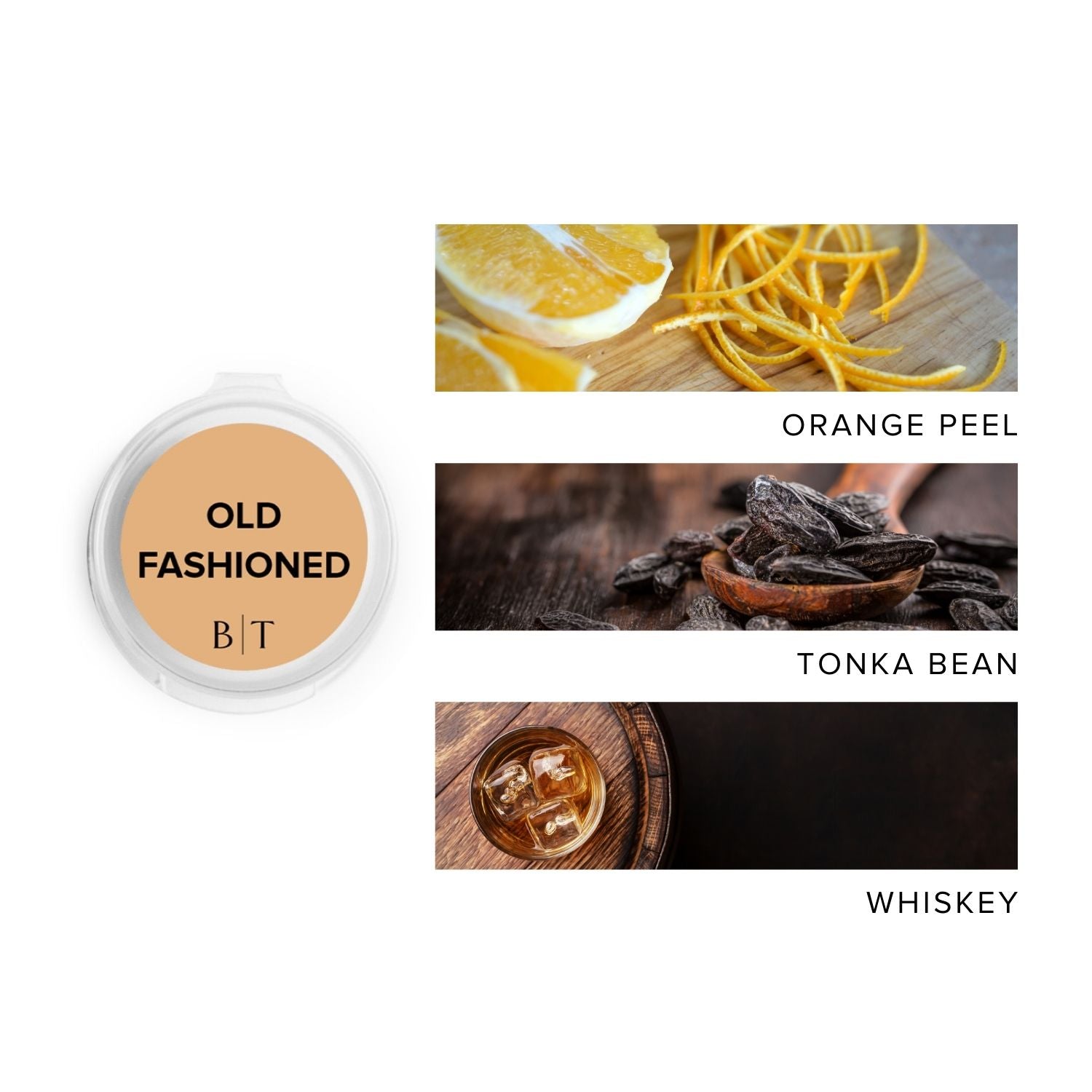 Old Fashioned Scent Sample next to scent note images of orange peel, tonka bean, and whiskey.