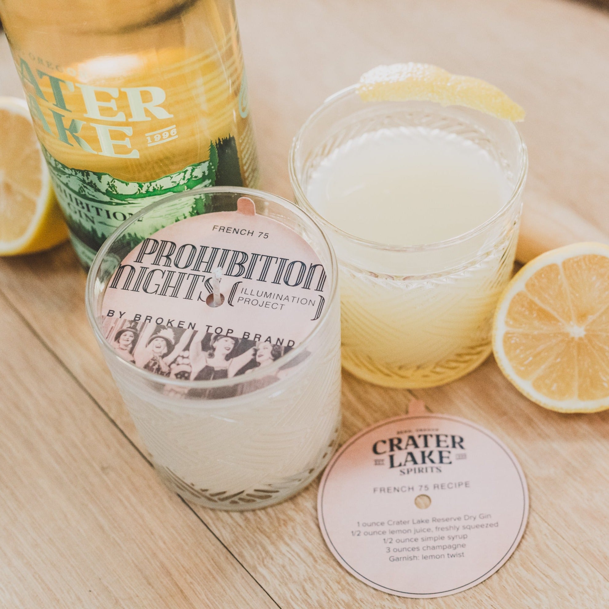 French 75 11oz candle on table next to drinks