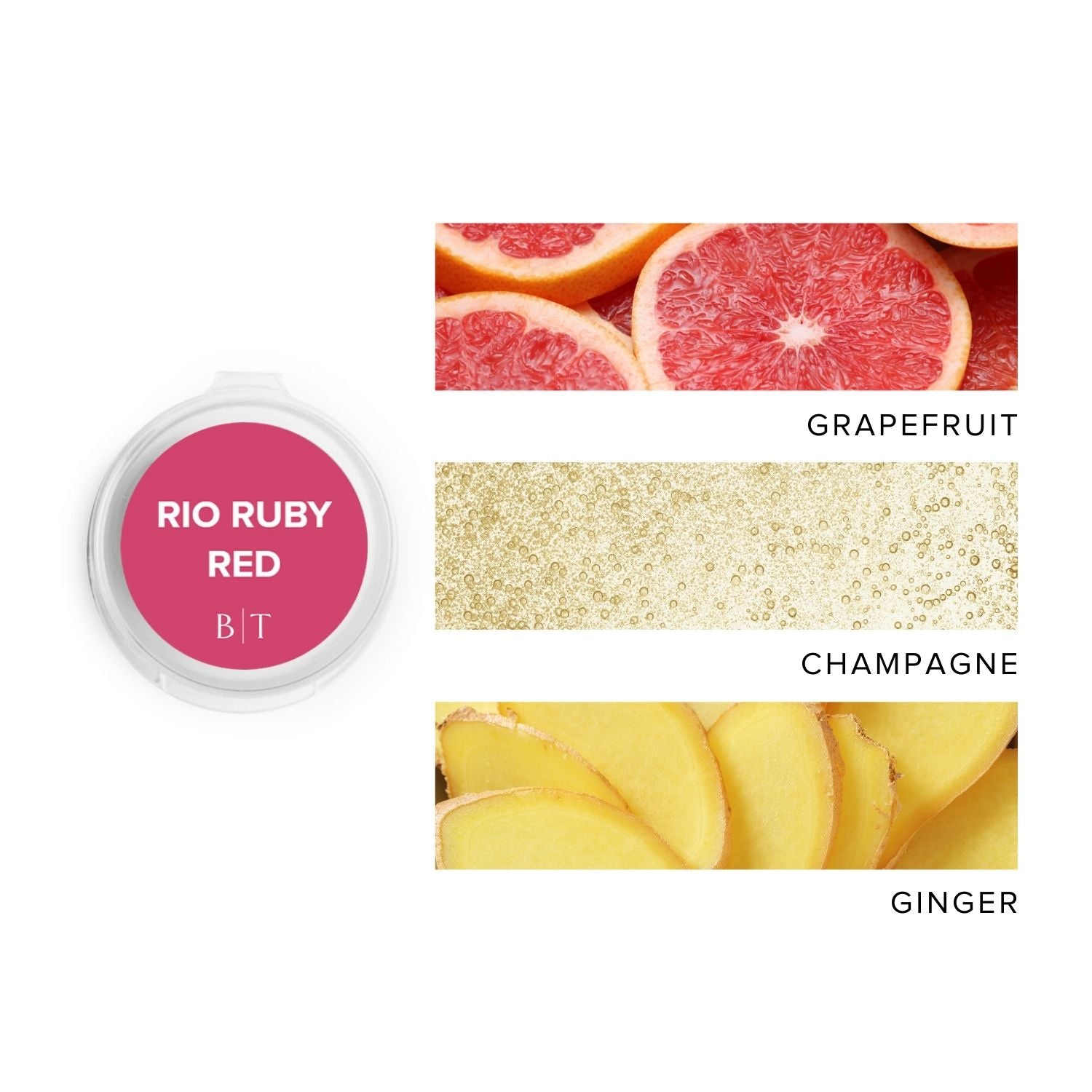 Rio Ruby Red Scent Sample next to scent note images of grapefruit, champagne, and ginger.