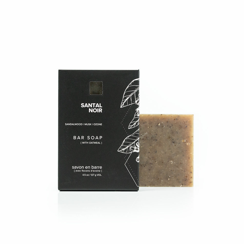 Santal Noir bar soap on white and black table