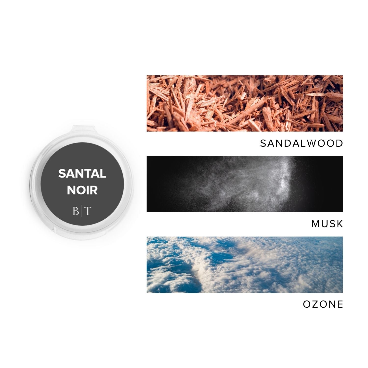 Santal Noir Scent Sample next to scent note images of sandalwood, musk, and ozone.