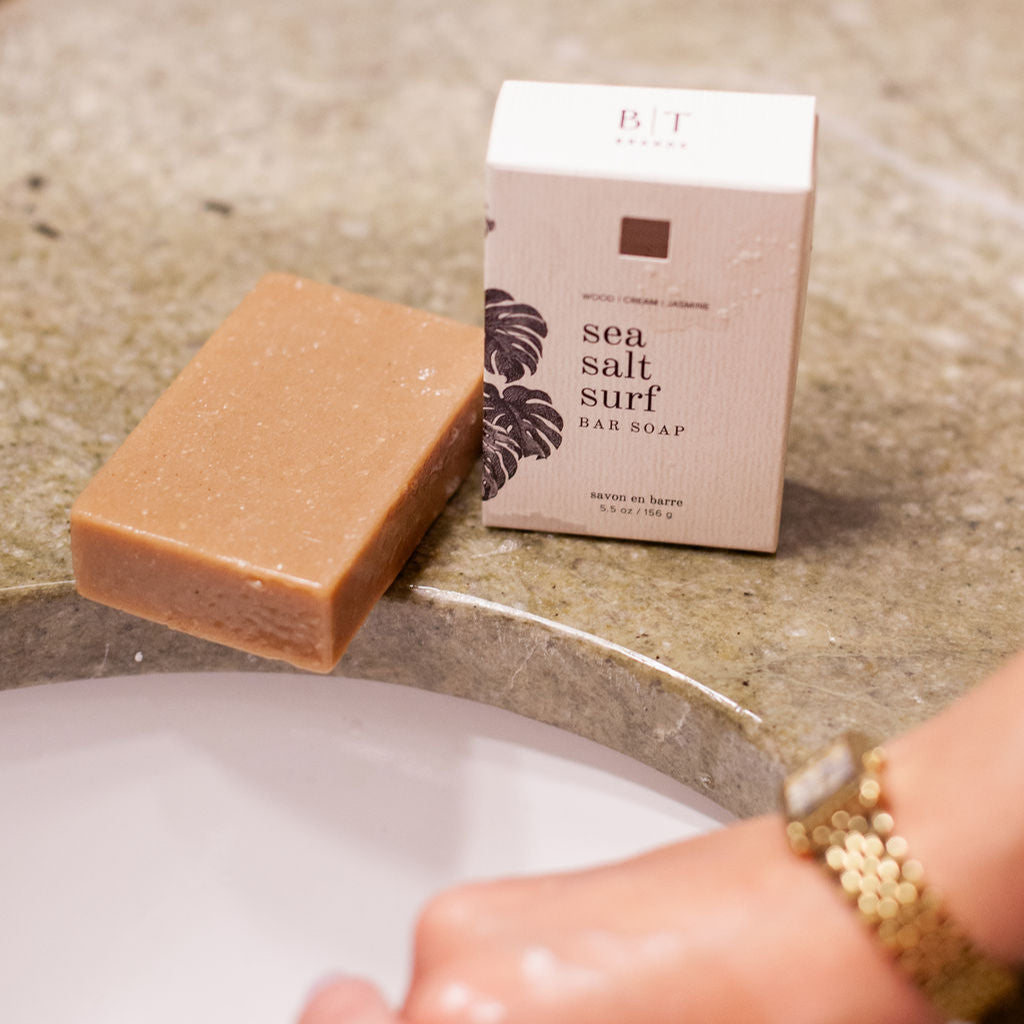 Sea Salt Surf Bar Soap on bathroom sink countertop.