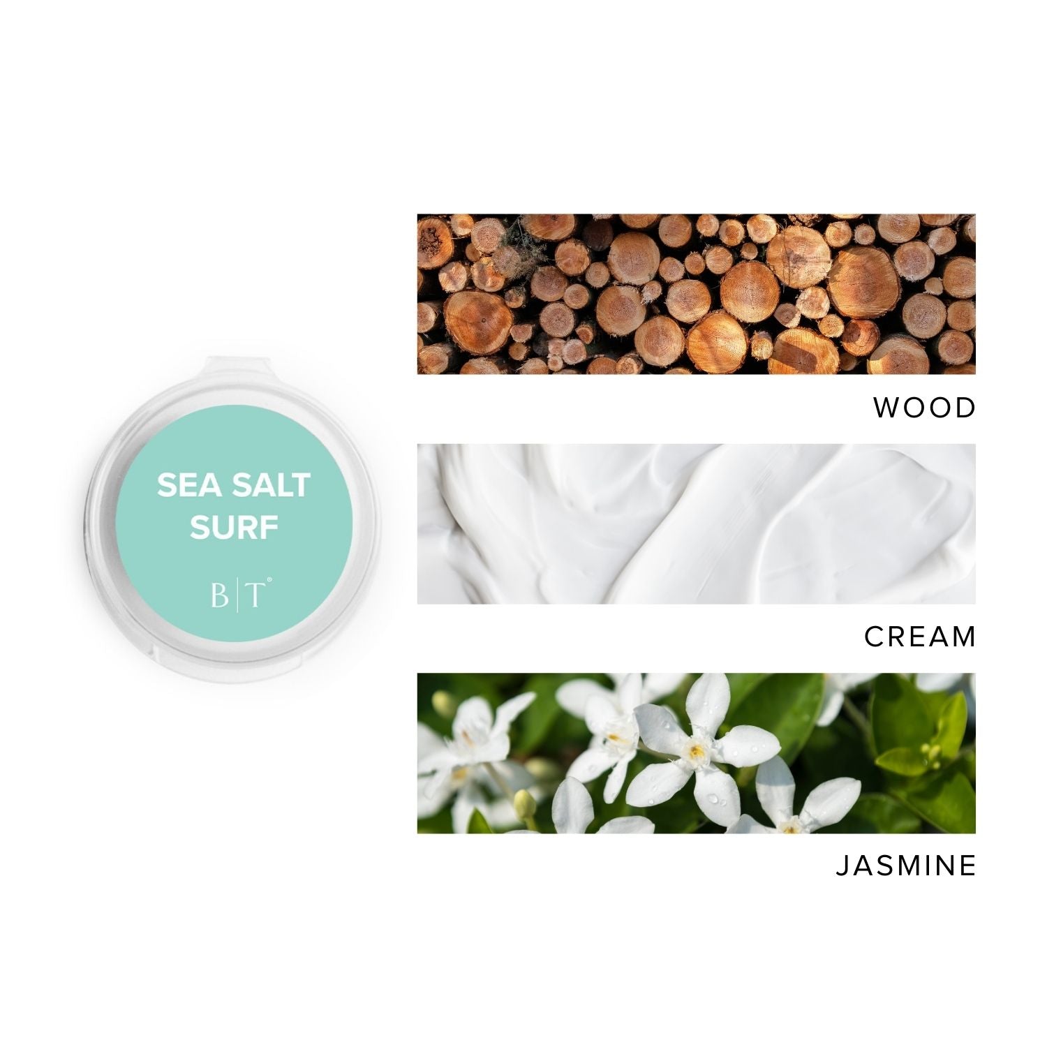 Sea Salt Surf Scent Sample next to scent note images of wood, cream, and jasmine.