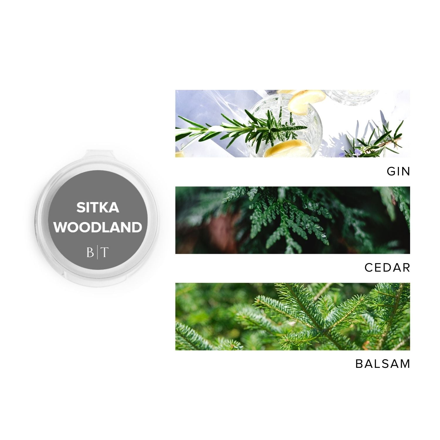 Sitka Woodland Scent Sample next to scent note images of gin, cedar, and balsam.