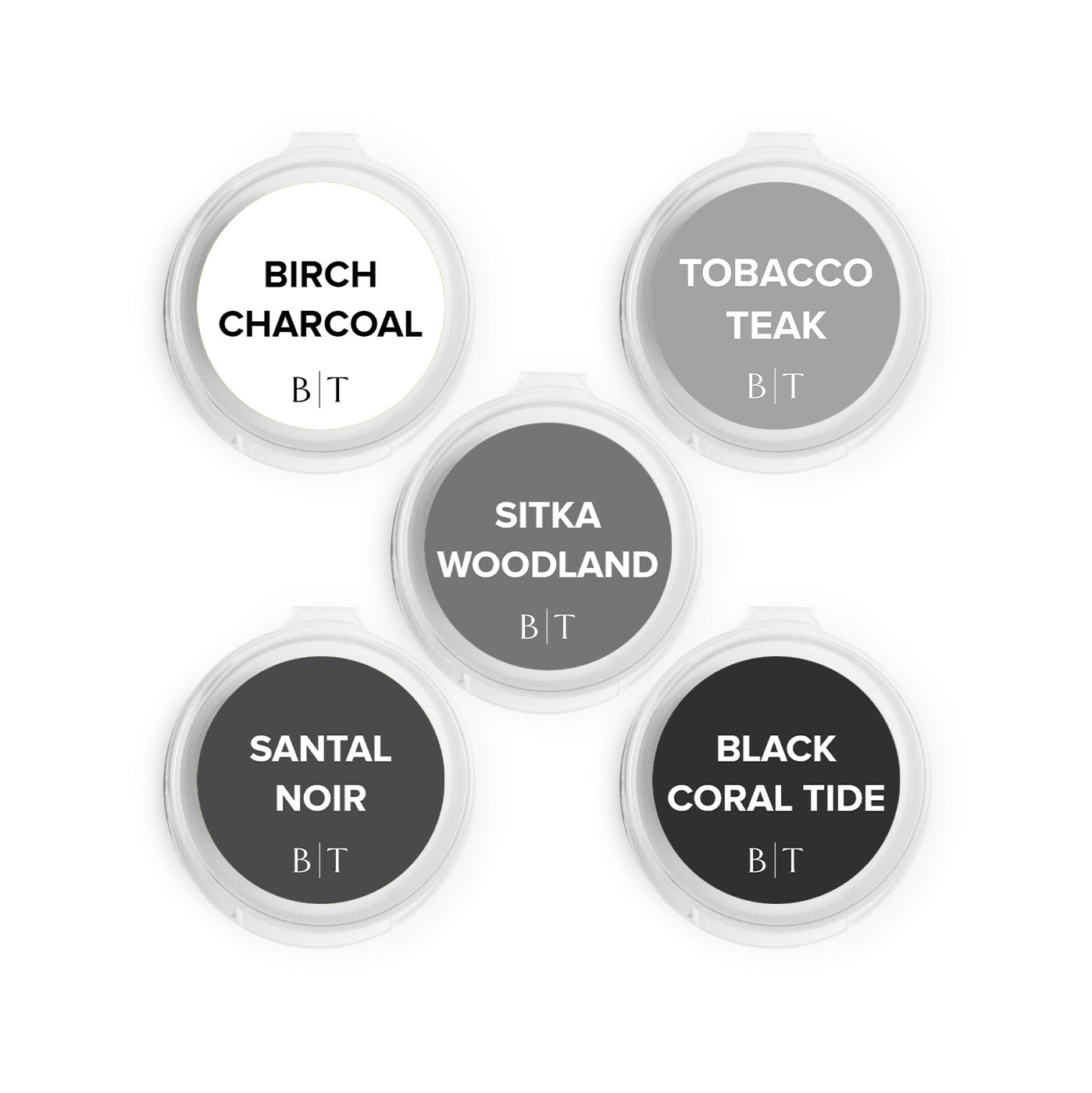 Birch Charcoal, Tobacco Teak, Sitka Woodland, Santal Noir, and Black Coral Tide Scent Samples on white background.