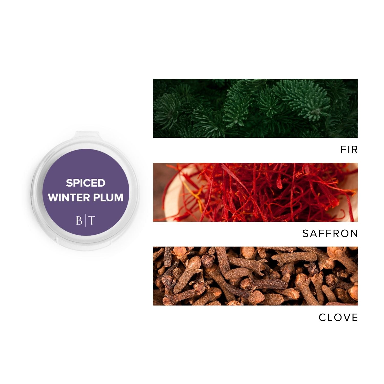 Spiced Winter Plum Scent Sample next to scent note images of fir, saffron, and clove.