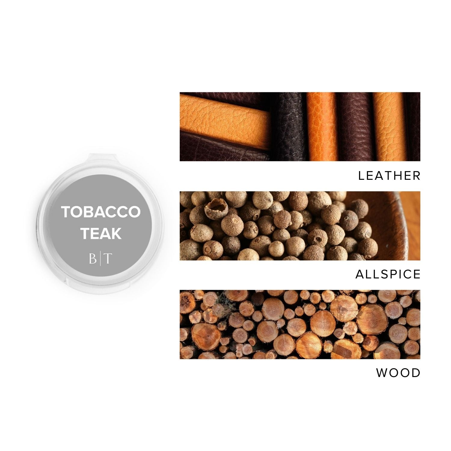 Tobacco Teak Scent Sample next to scent note images of leather, allspice, and wood.