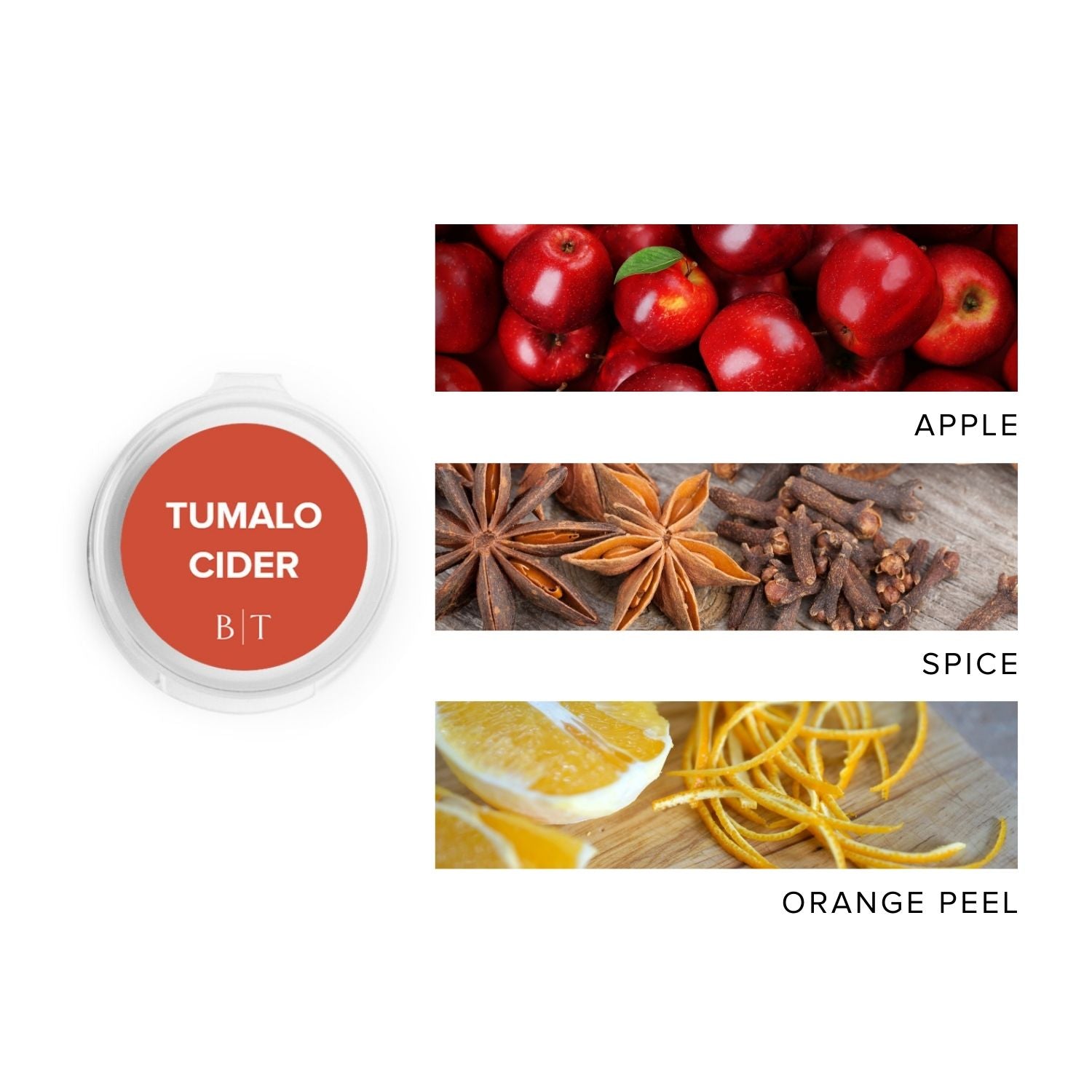 Tumalo Cider Scent Sampler next to scent note image of apple, spice& orange peel.