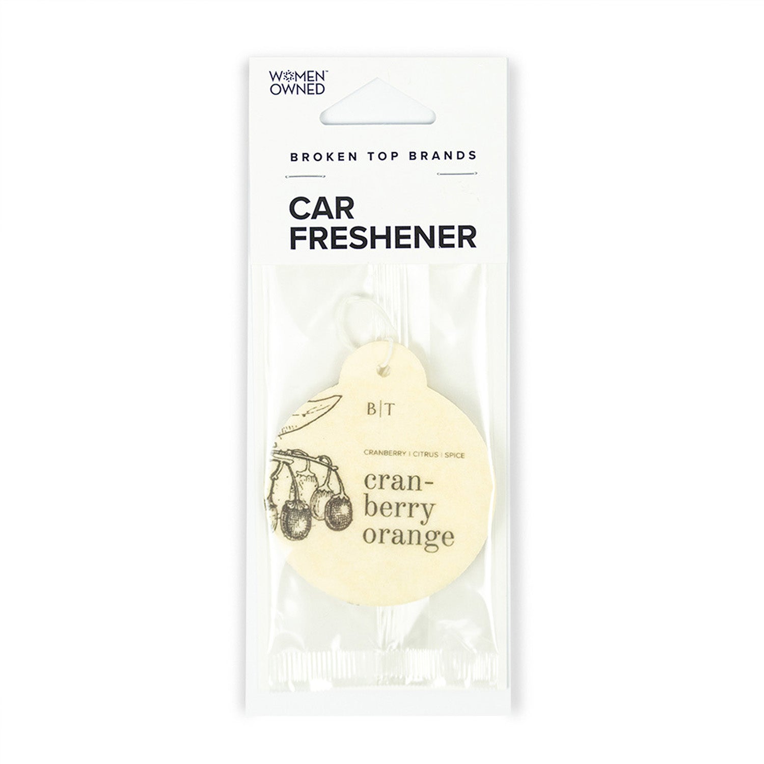 Cranberry Orange Car Freshener on white background.