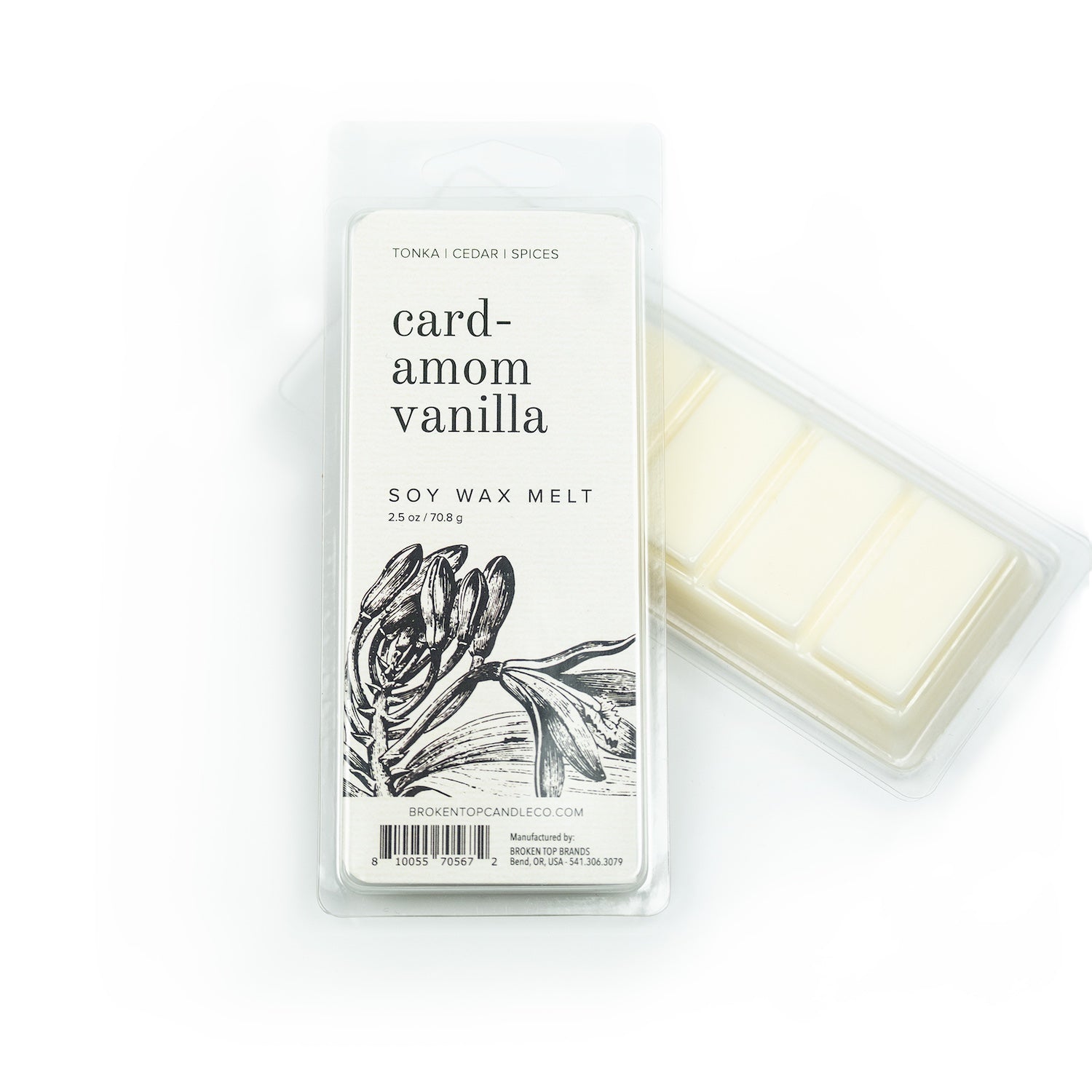 Cardamom Vanilla Soy Wax Melts on white background.