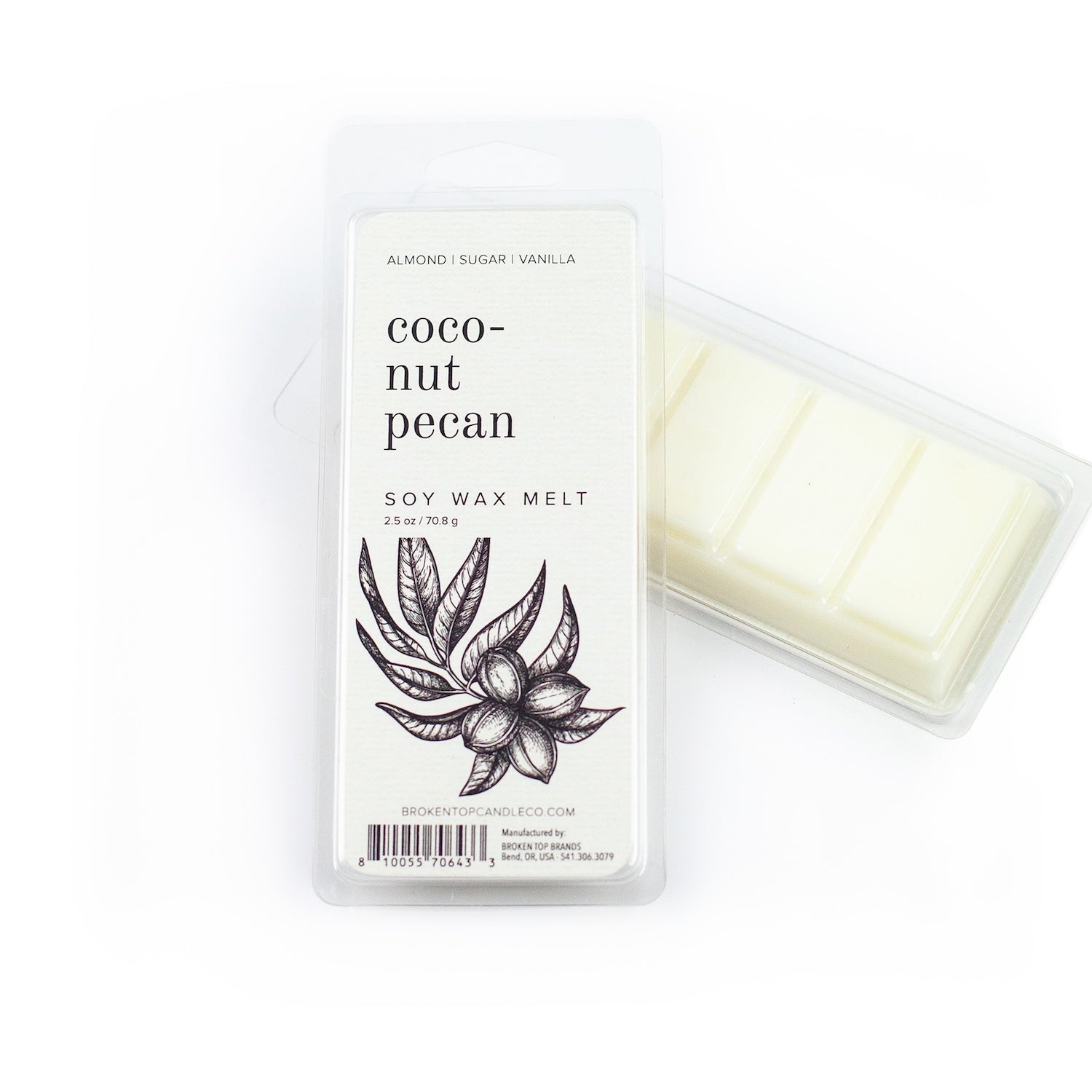 Coconut Pecan Wax Melt on white background.