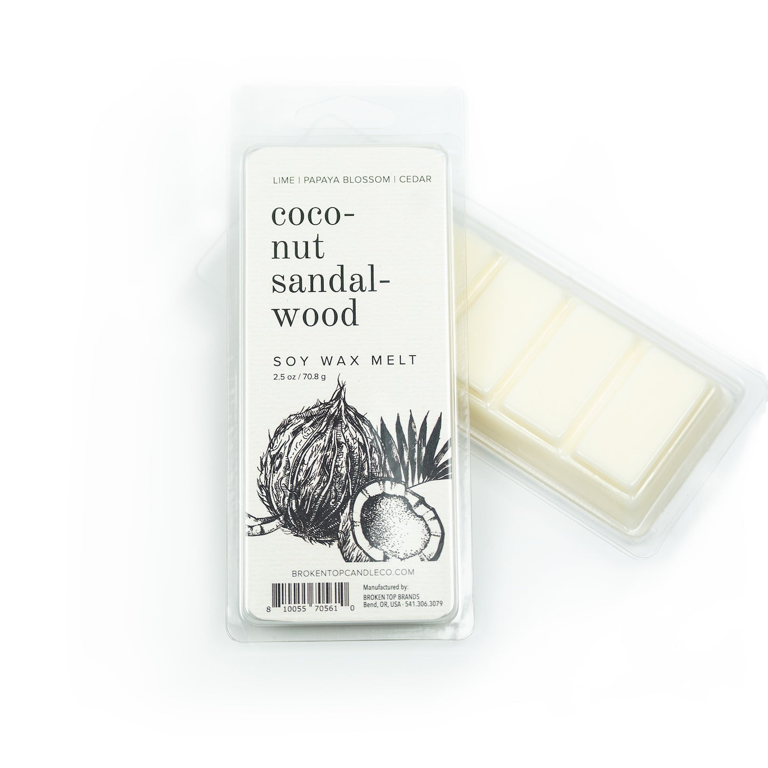 Coconut Sandalwood Soy Wax Melts on white background.