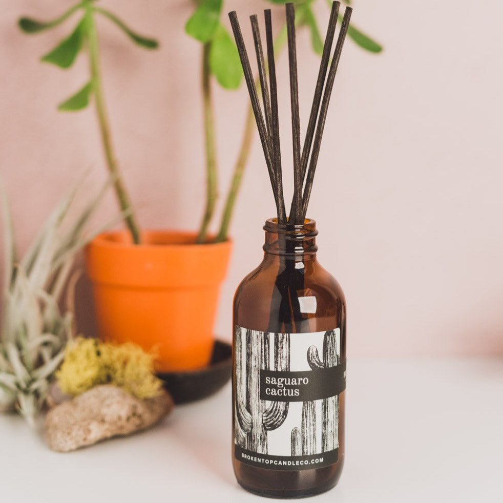 Saguaro Cactus Reed diffuser on white table near potted plants