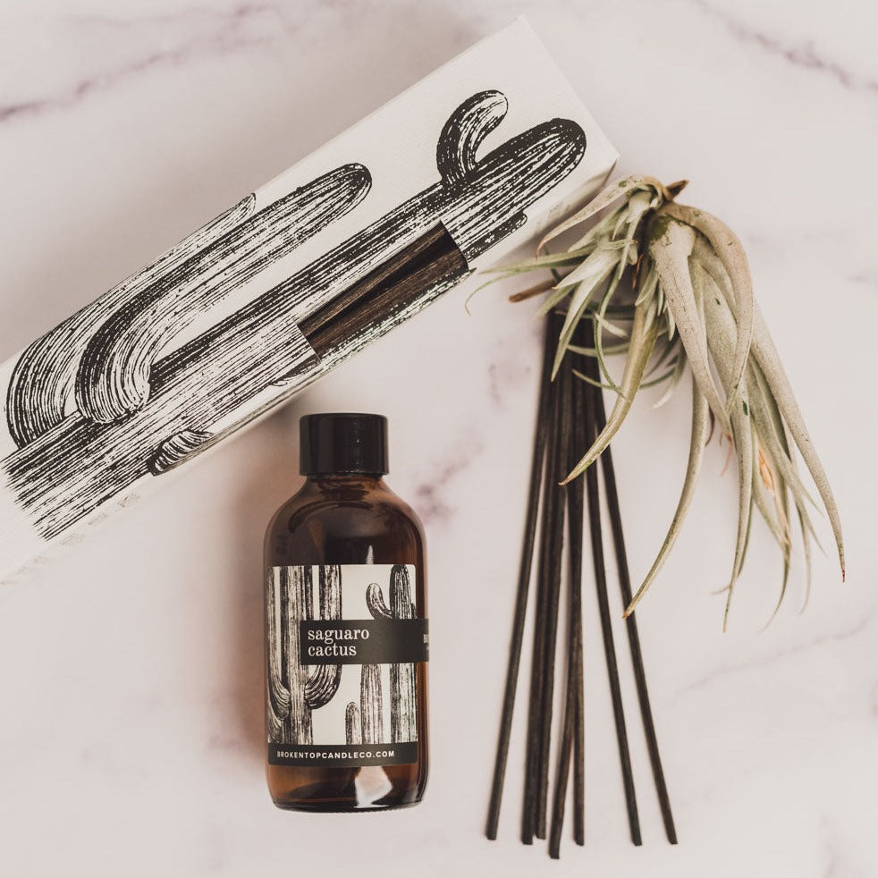 Saguaro Cactus Reed diffuser and box on white marble