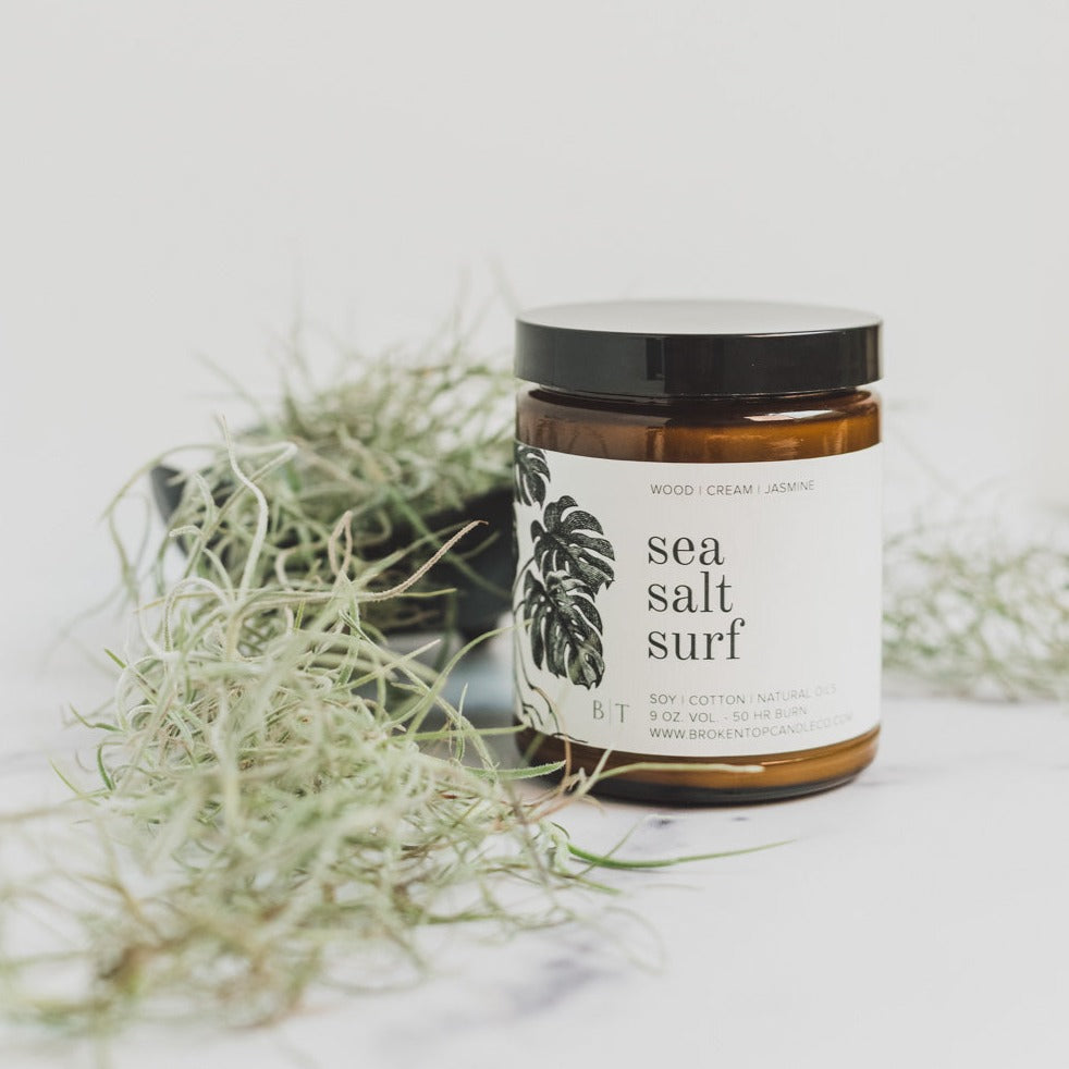 9oz Sea Salt Surf Soy Candle on a white background, surrounded by green foliage