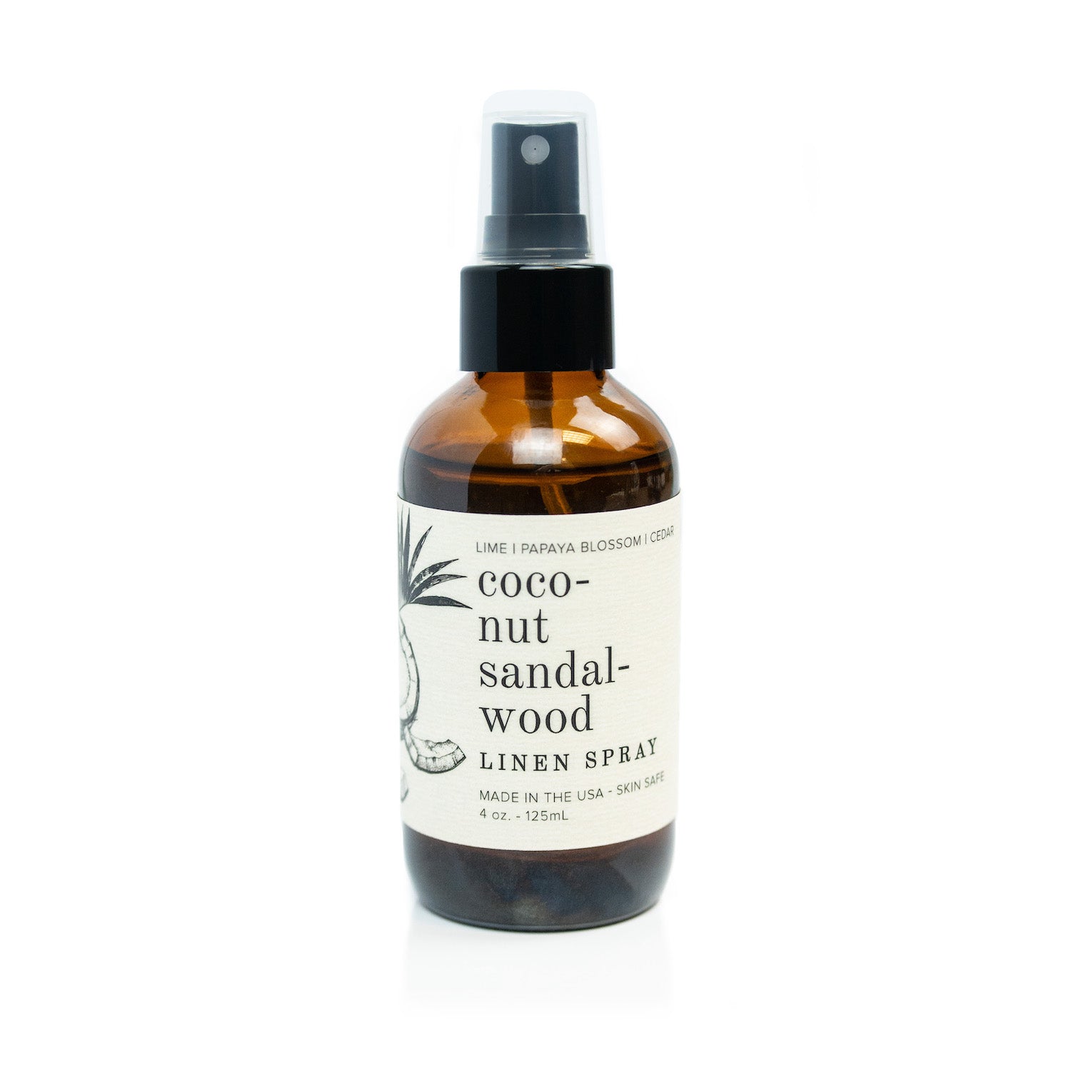 4oz Coconut Sandalwood linen spray on white background
