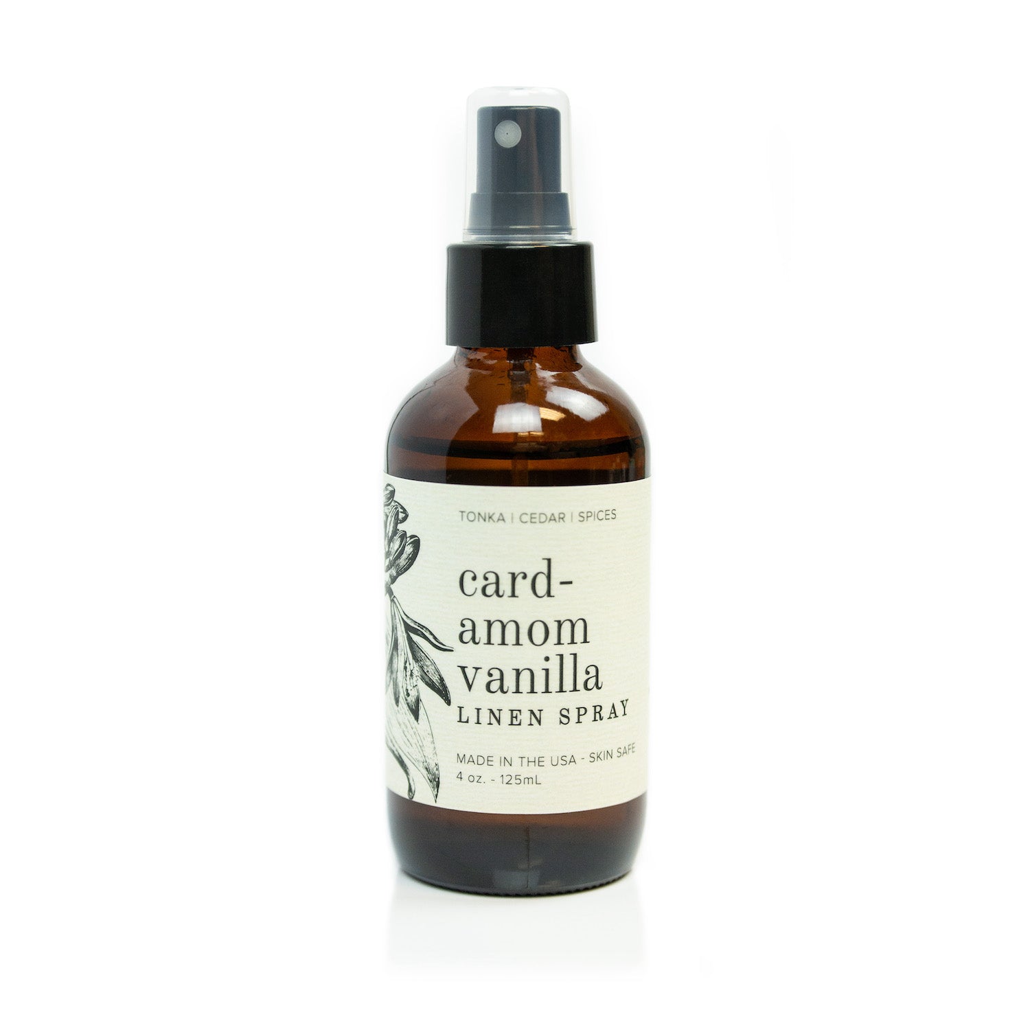 4oz Cardamom Vanilla linen spray on white background