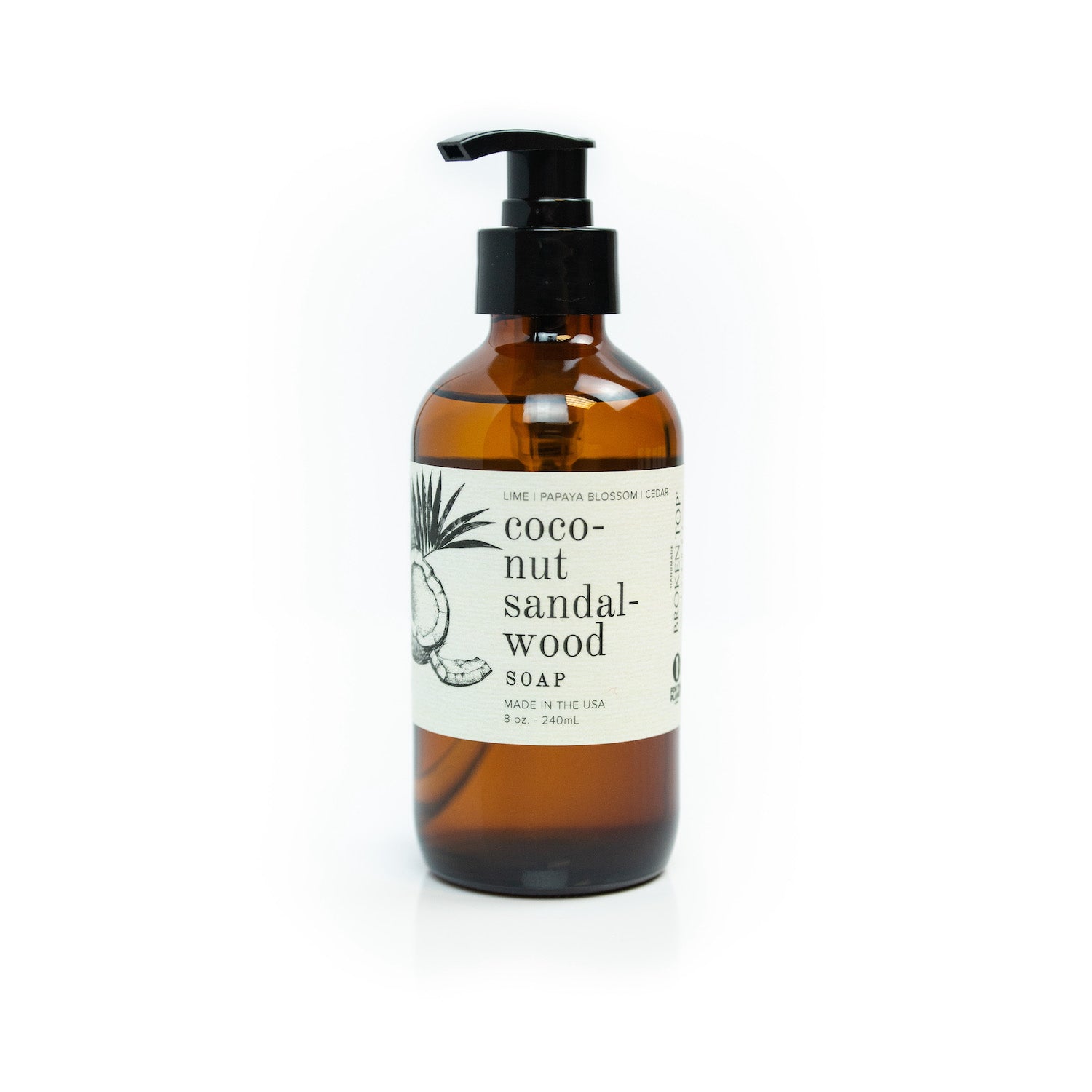 Coconut Sandalwood 8oz liquid soap on white background