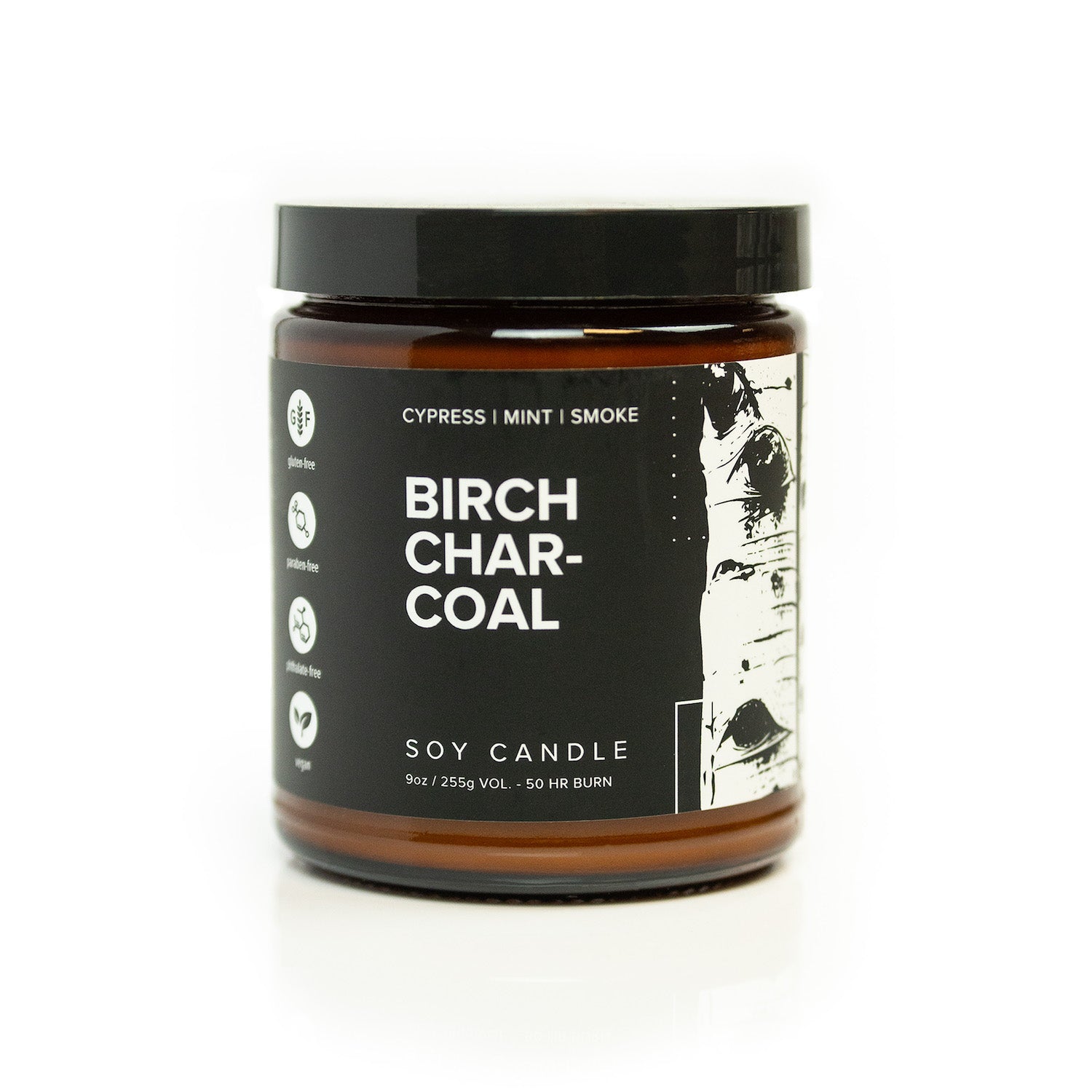 9oz Birch Charcoal candle on white background
