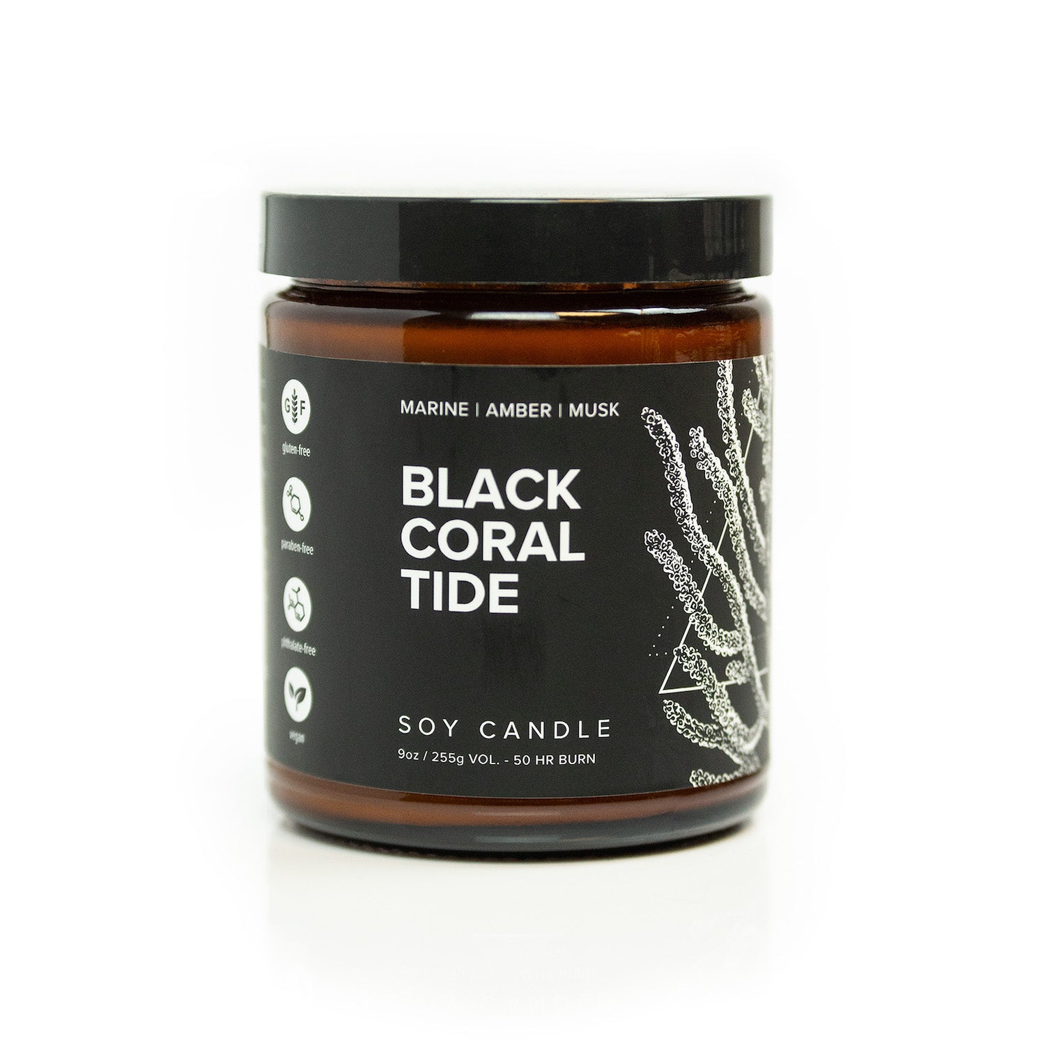 9oz Black Coral Tide candle on white background