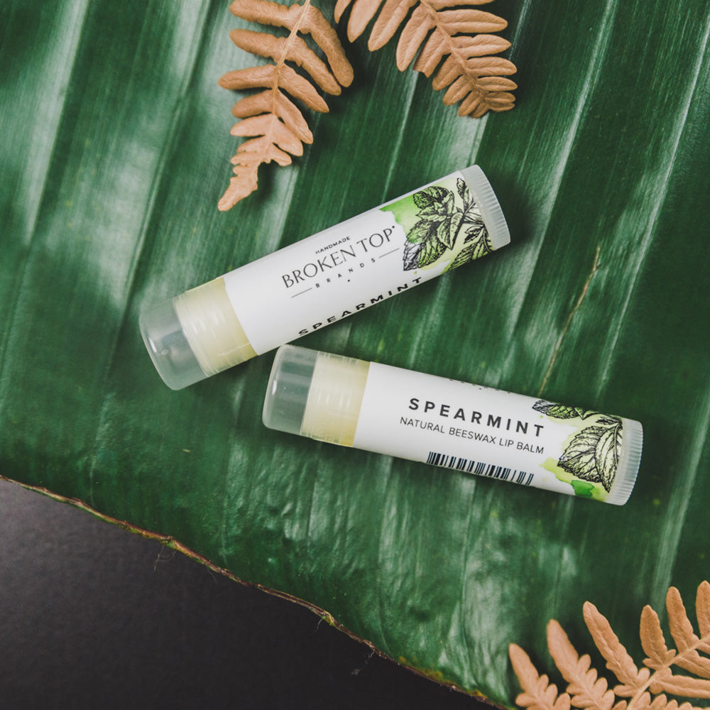 Two Spearmint lip balms on green palm