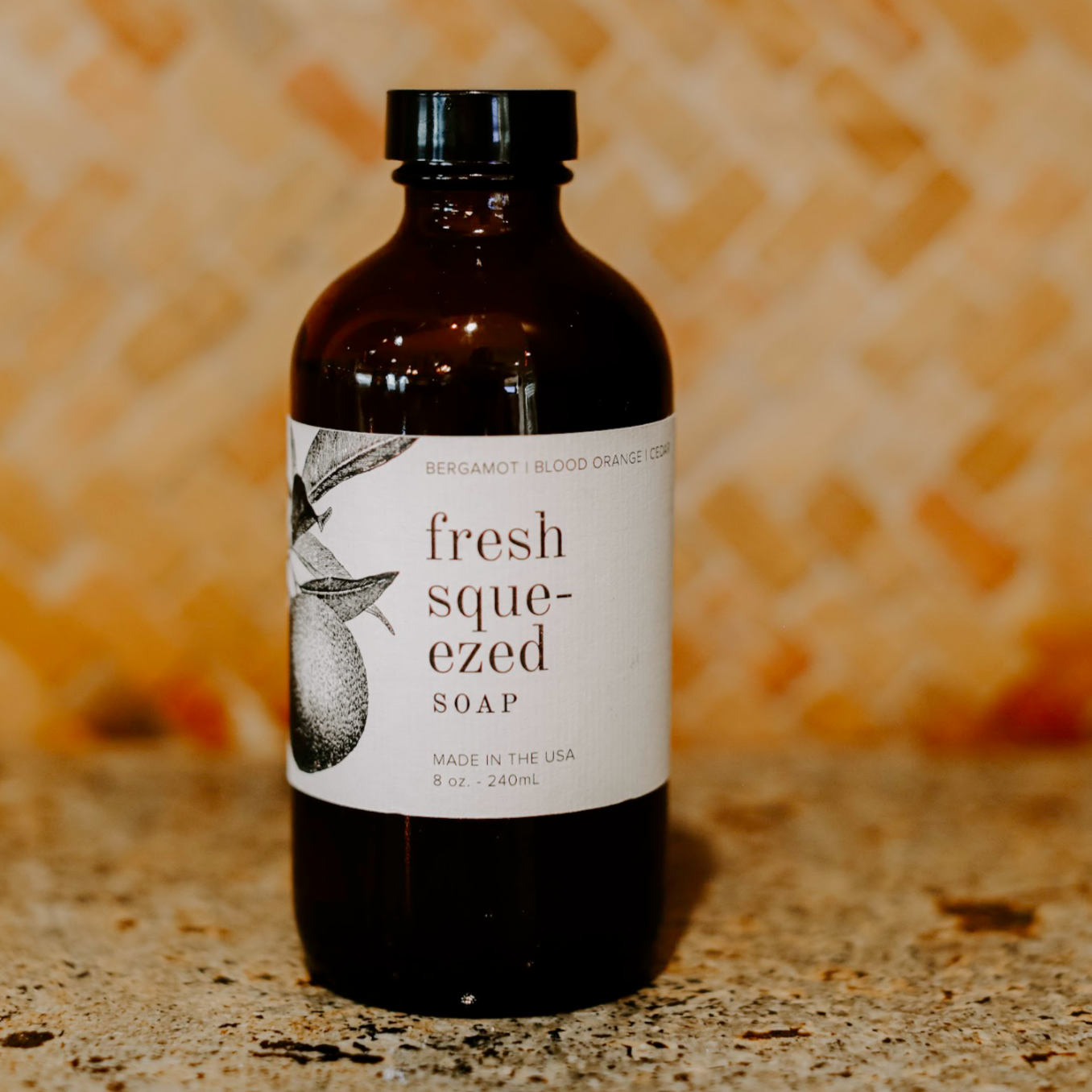 Fresh Squeezed 8oz liquid soap on granite counter