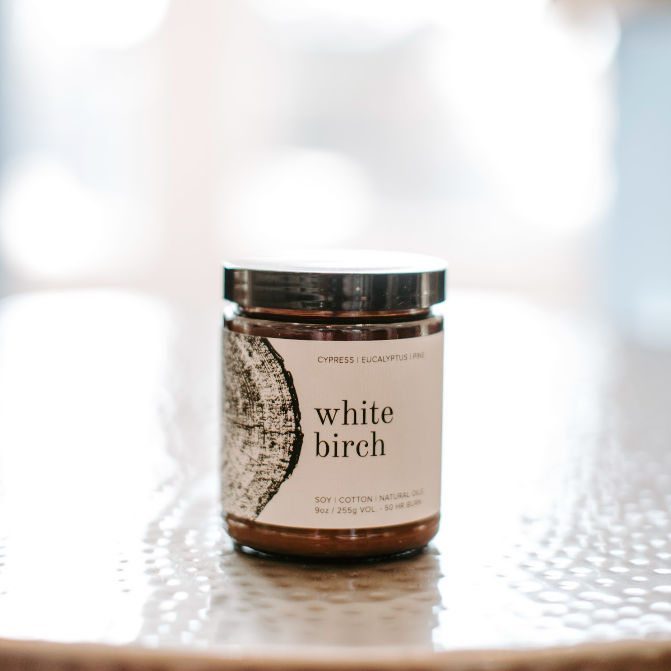 9oz White Birch candle on white table