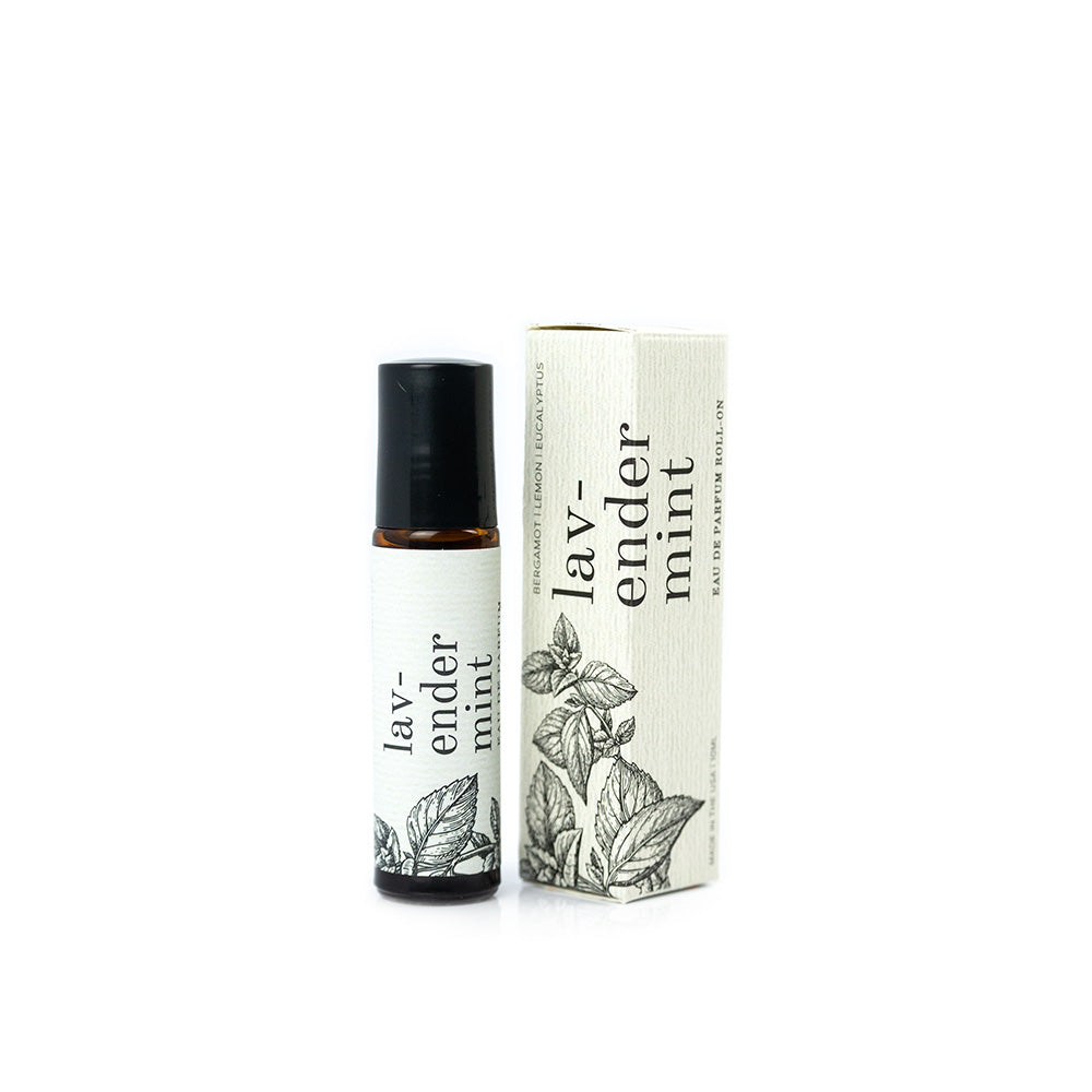 Lavender Mint roll-on perfume with box on white background