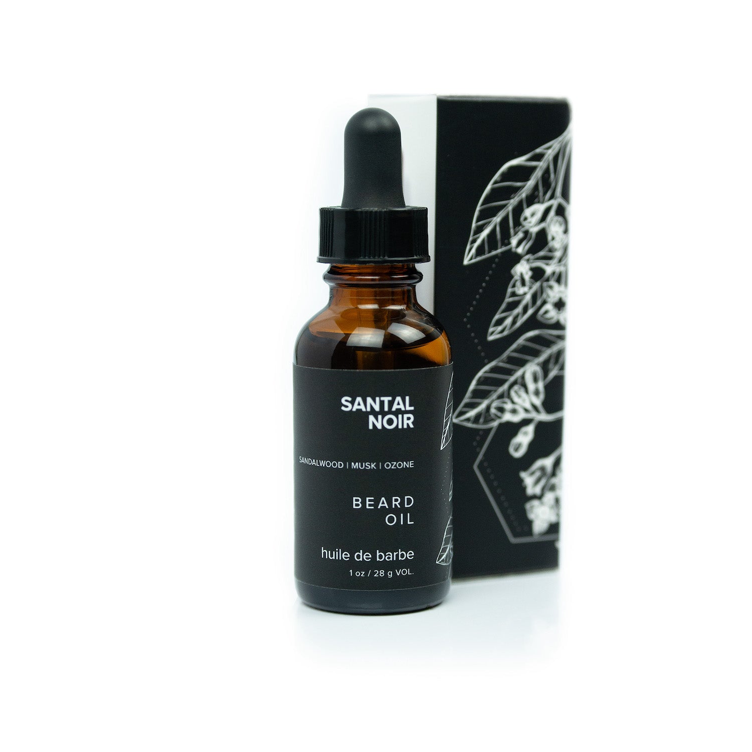 Santal Noir beard oil and box on white background