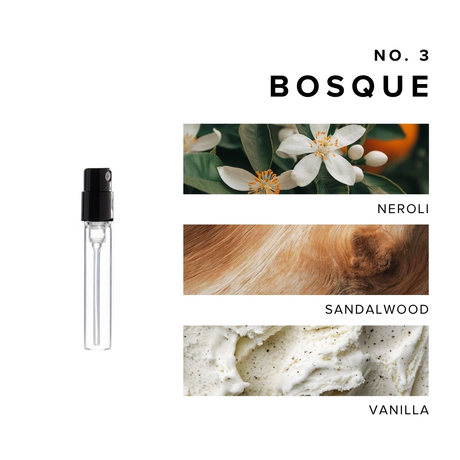 Bosque  Perfume Sample with images of scent notes neroli, sandalwood, and vanilla.