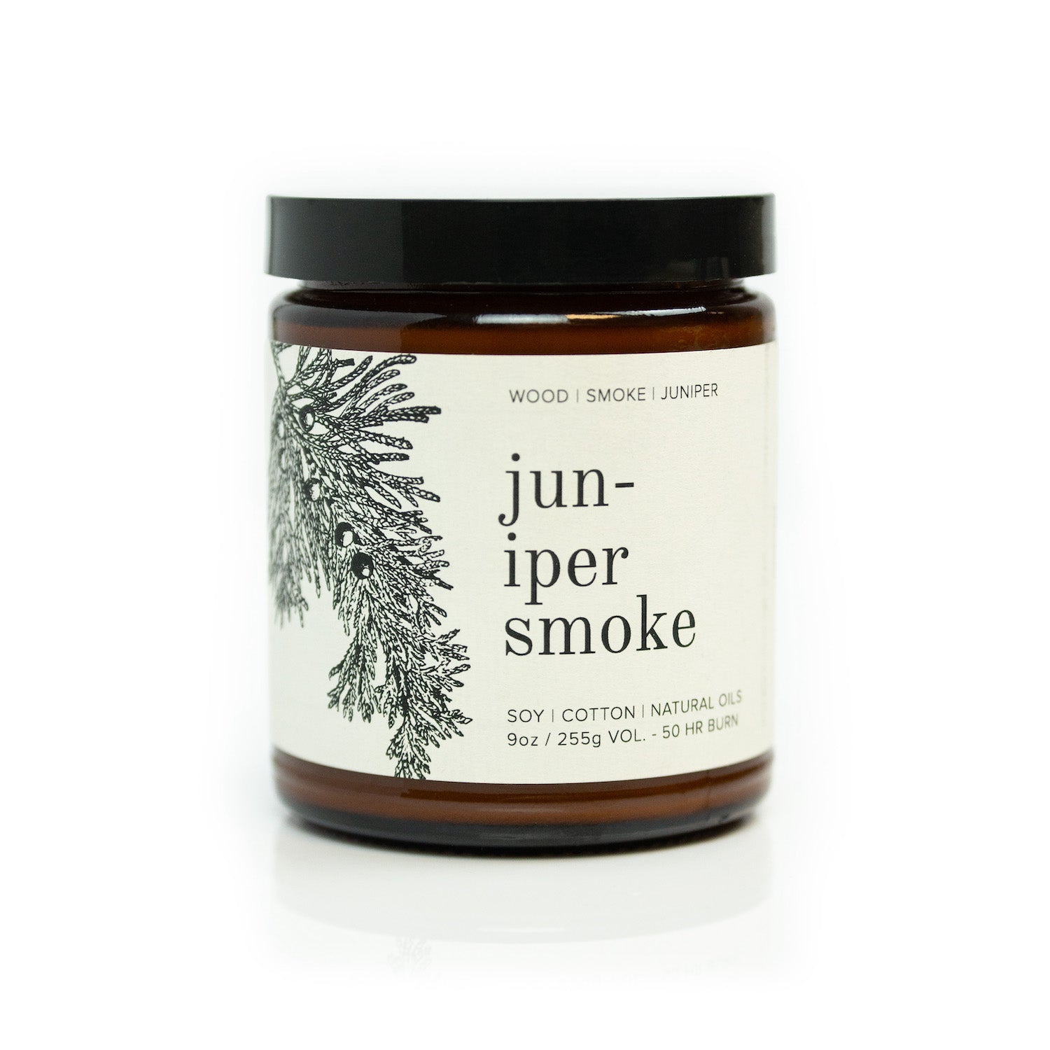 Juniper Smoke 9oz candle on white background