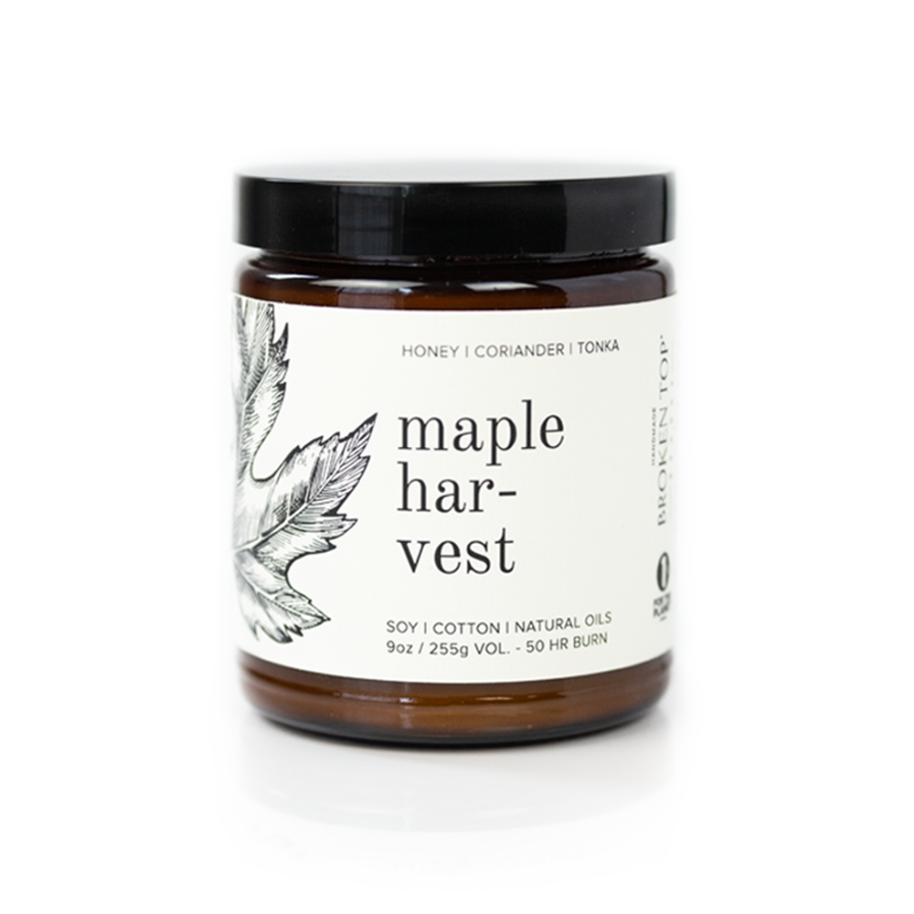Maple Harvest 9oz candle on white background